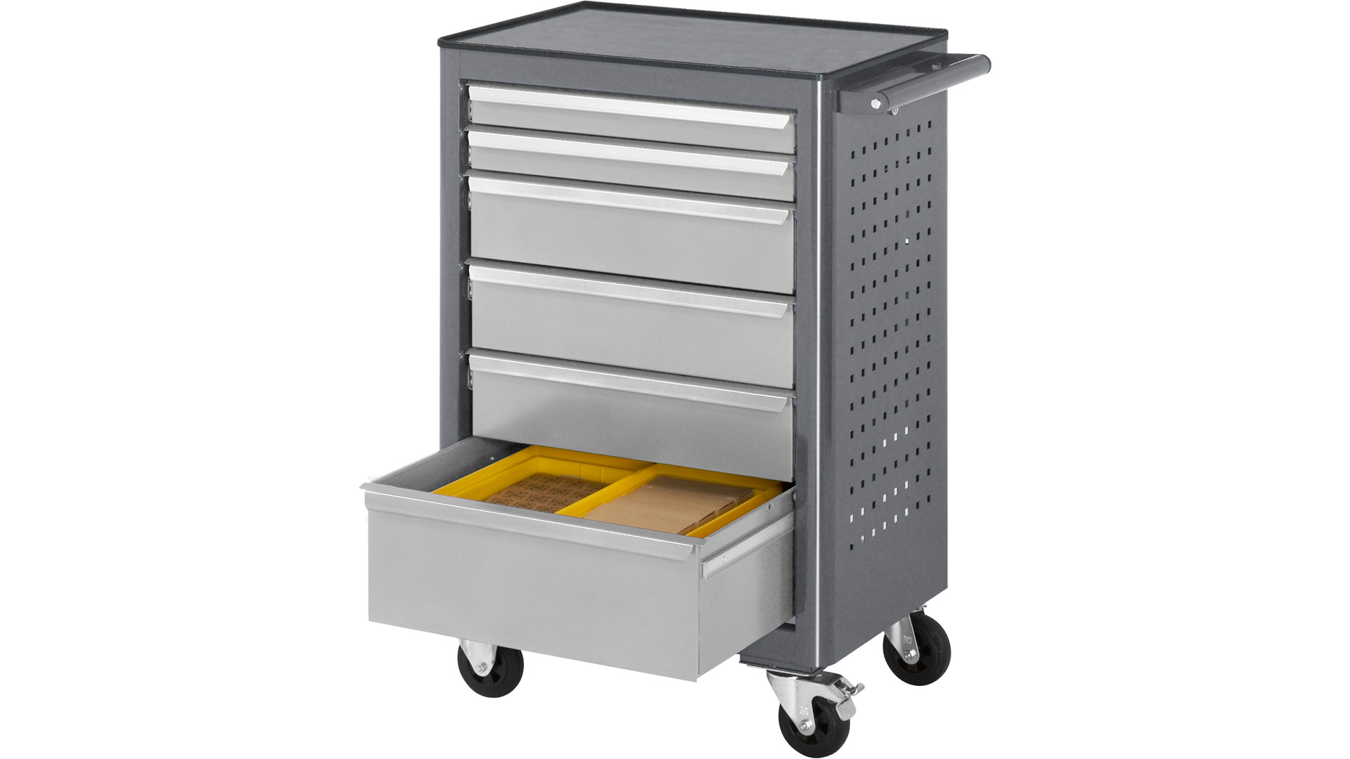 Werkstattwagen, Rollwerkbank mit ABS-Ablage, 6 Schubladen: 2x65, 3x125, 1x190 mm, BxTxH 675x450x950 mm, RAL7016/RAL7035