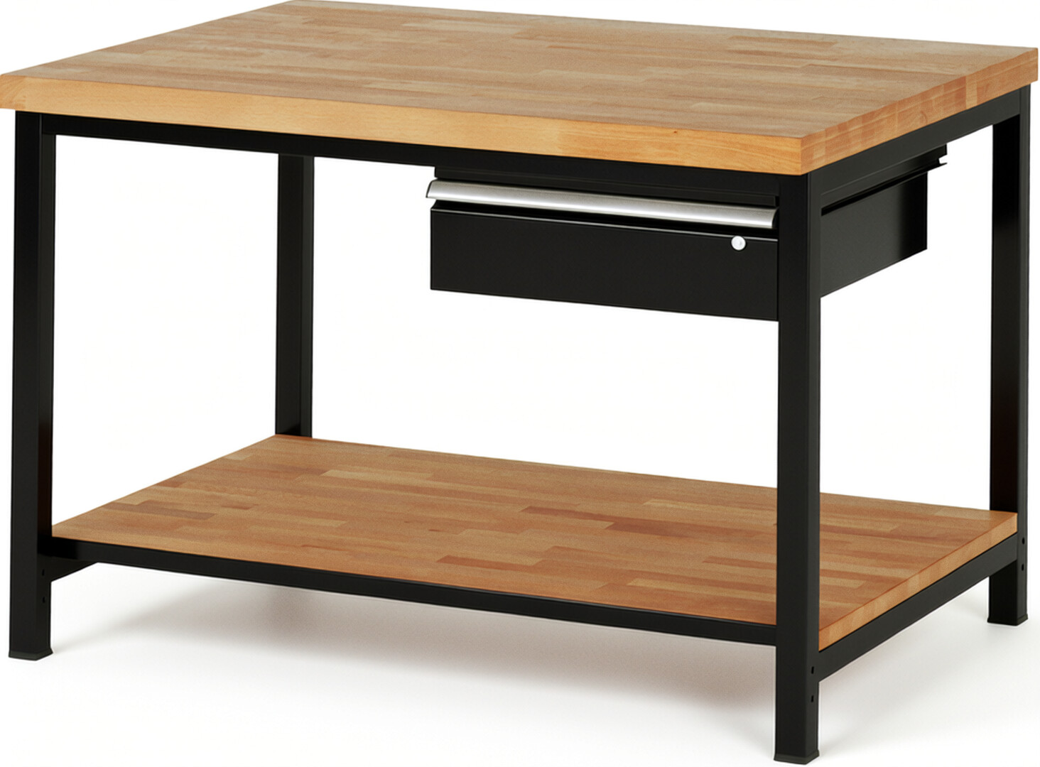 Werkbank Modell 8001 schwarz, BxTxH 1250x900x840-1040 mm,  Buche-Massiv Arbeitsplatte 40 mm,  1 Schublade mit  Auszug 90 %