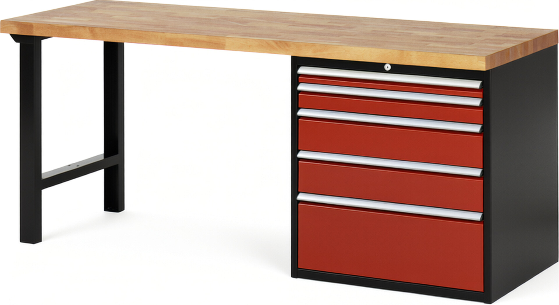 RAU Werkbank schwarz - rot - Breite 200 cm - Tiefe 70 cm - Höhe 89 cm - Buche-Massiv Arbeitsplatte 40 mm