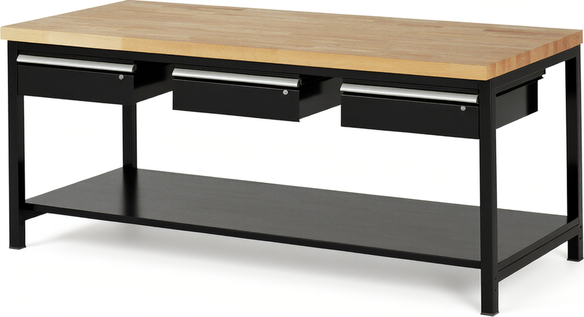 Werkbank Modell 8003 schwarz, BxTxH 2000x900x840 mm,  Buche-Massiv Arbeitsplatte 40 mm,  3 Schubladen mit  Auszug 90 %