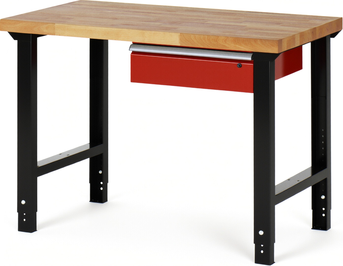 RAU Werkbank schwarz - rot - Breite 125 cm - Tiefe 70 cm - Höhe 114 cm - Buche-Massiv Arbeitsplatte 40 mm