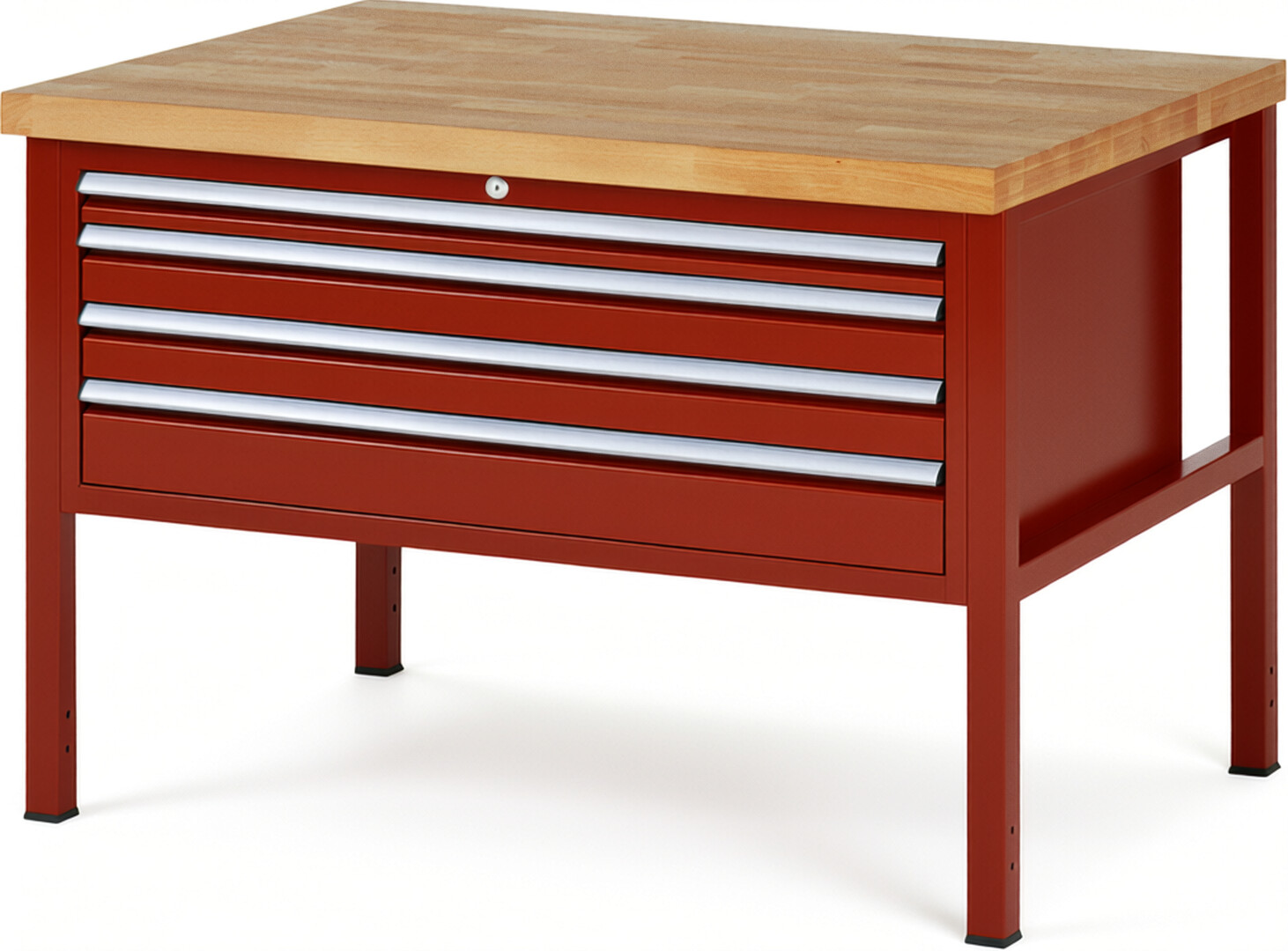 Werkbank Modell 8332 rot, BxTxH 1250x900x840-1040 mm,  Buche-Massiv Arbeitsplatte 40 mm,  4 Schubladen mit  Vollauszug 100 % und  SoftClosing