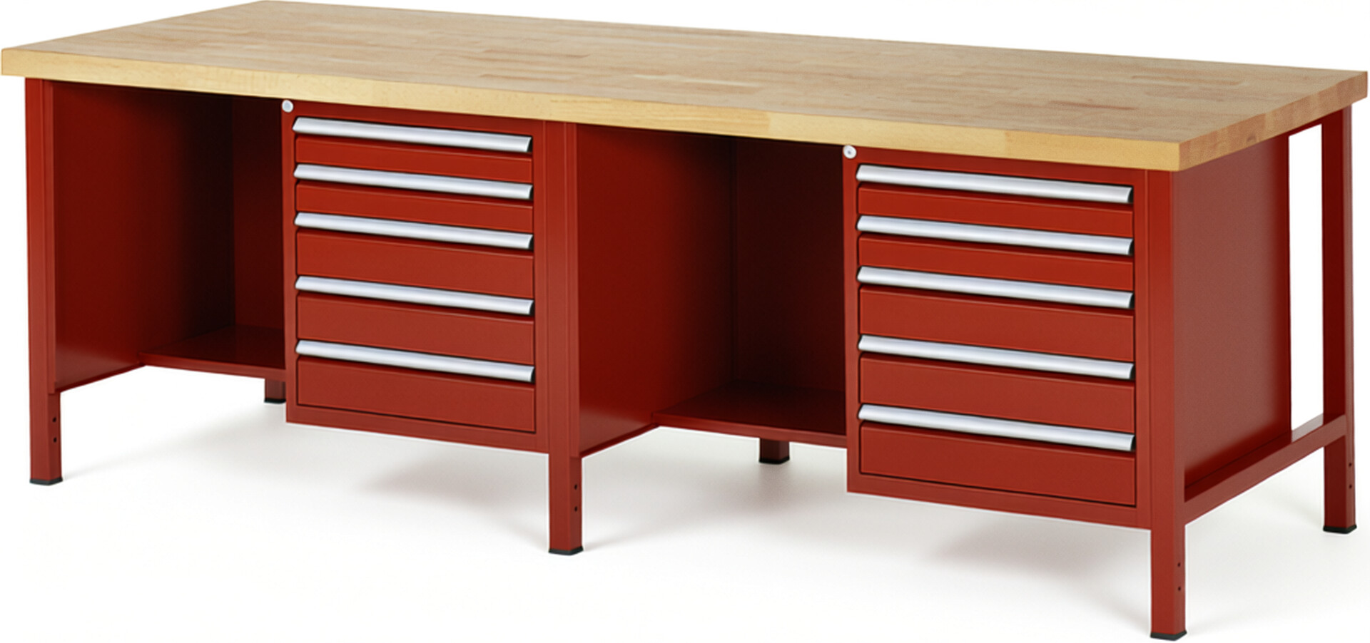 Werkbank Modell 8454 rot, BxTxH 2500x900x840-1040 mm,  Buche-Massiv Arbeitsplatte 40 mm,  10 Schubladen mit  Vollauszug 100 % und  SoftClosing