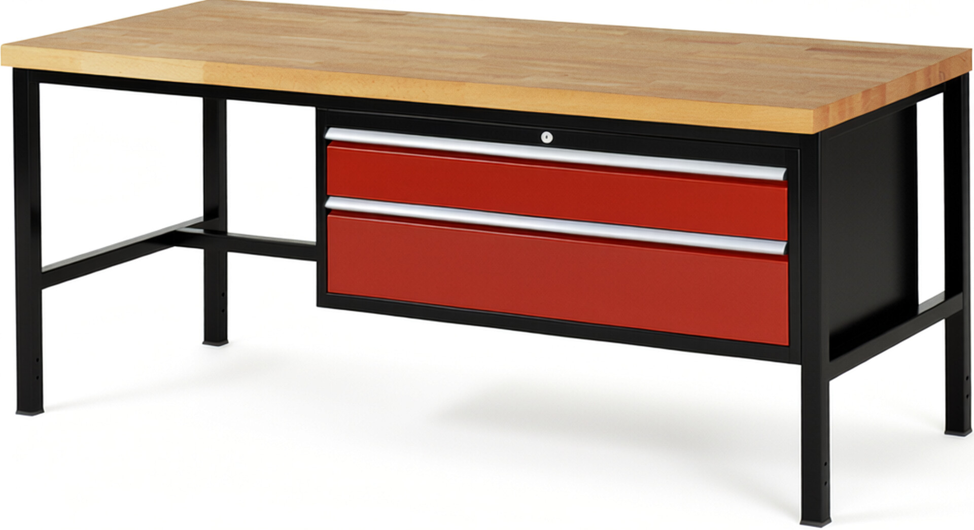 RAU Werkbank schwarz - rot - Breite 200 cm - Tiefe 90 cm - Höhe 104 cm - Buche-Massiv Arbeitsplatte 40 mm