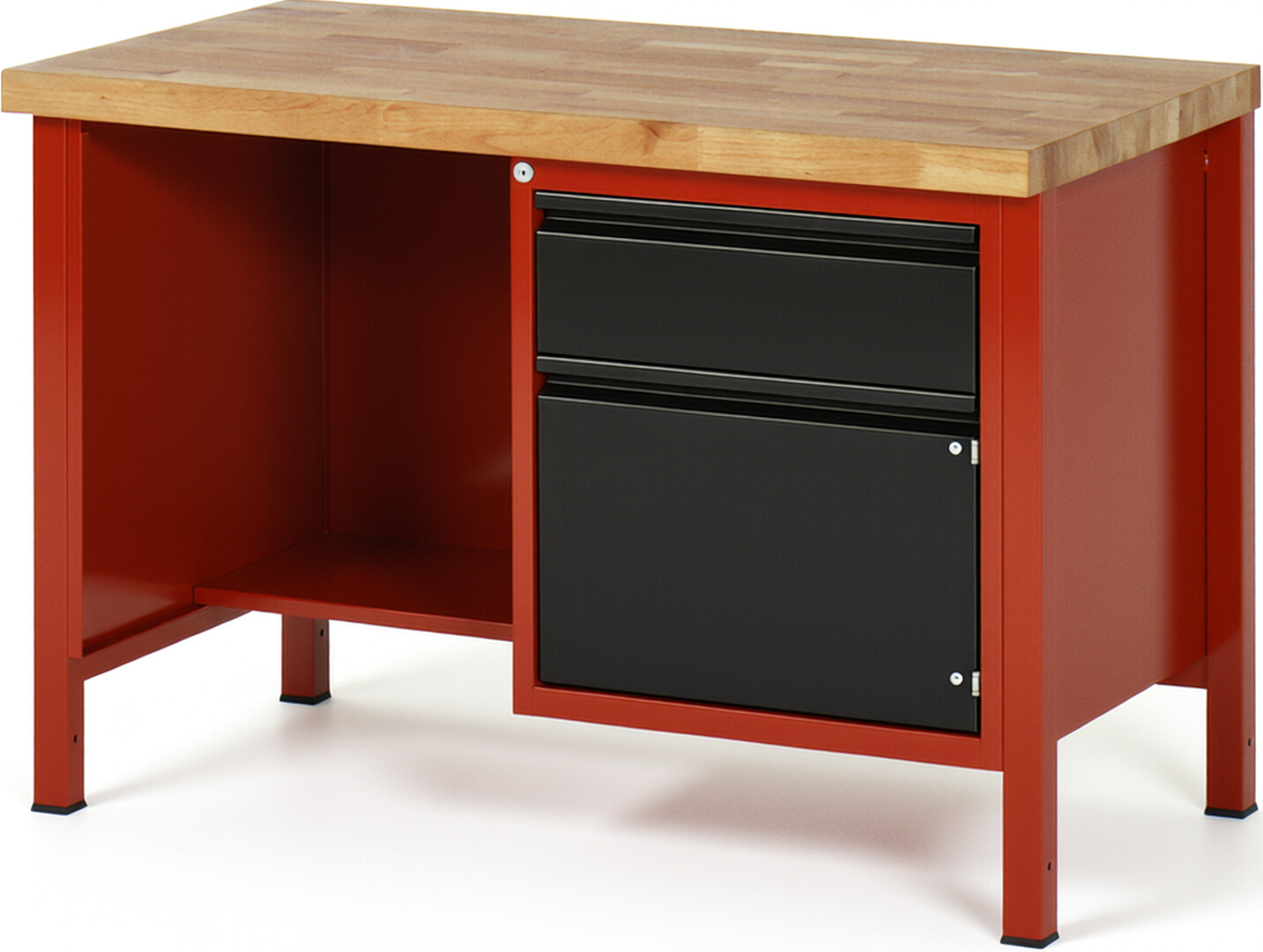 Werkbank - Modell 8455 BASIC rot - schwarz, BxTxH 1250x700x840 mm,  Buche-Massiv Arbeitsplatte 40 mm,  1 Schublade mit  Auszug 90 %