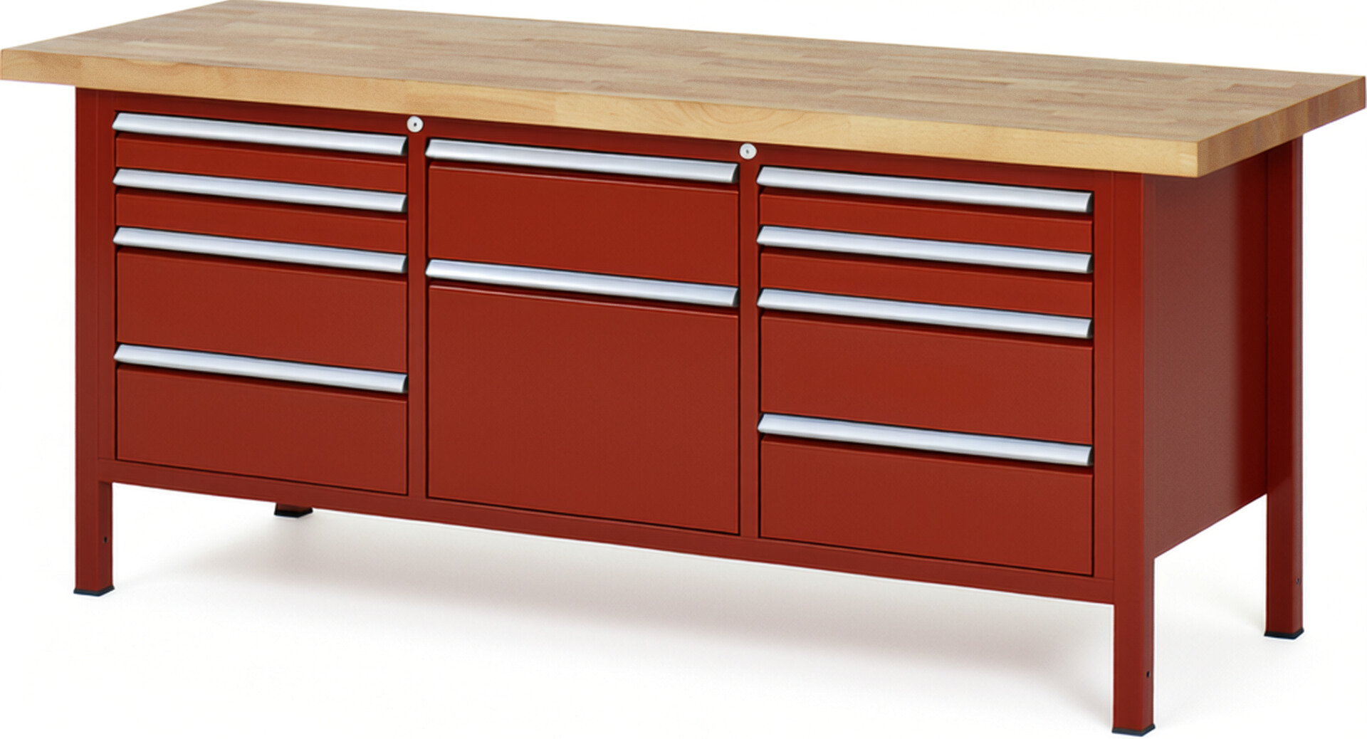 Werkbank Modell 8575 rot, BxTxH 2000x700x840-1040 mm,  Buche-Massiv Arbeitsplatte 40 mm,  10 Schubladen mit  Vollauszug 100 % und  SoftClosing