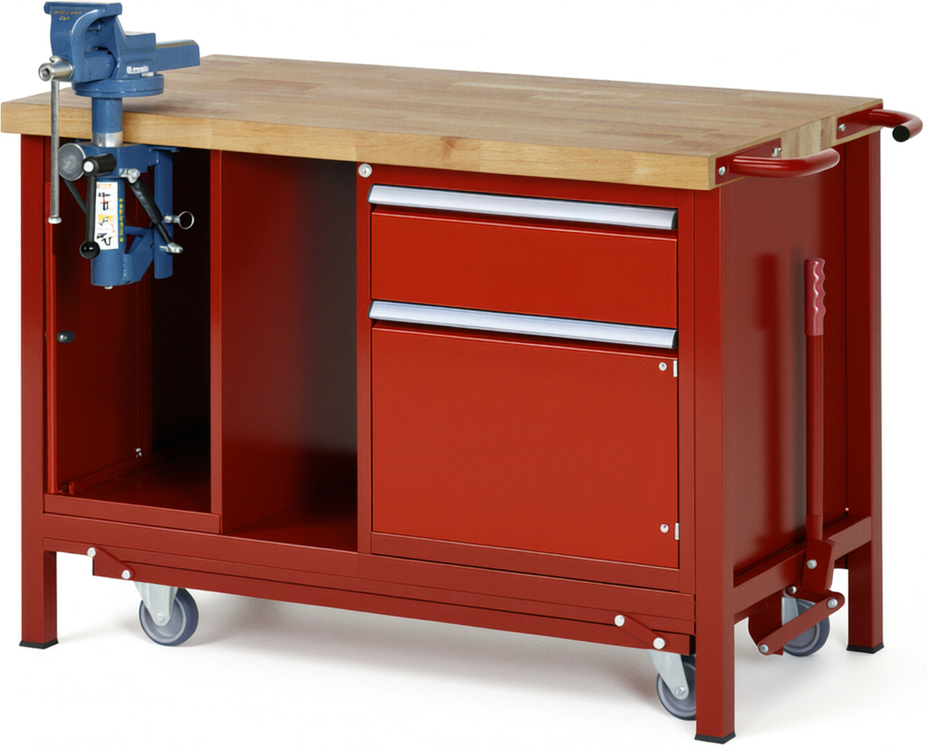 RAU Werkbank rot - Breite 125 cm - Tiefe 70 cm - Höhe 88 cm - Buche-Massiv Arbeitsplatte 40 mm