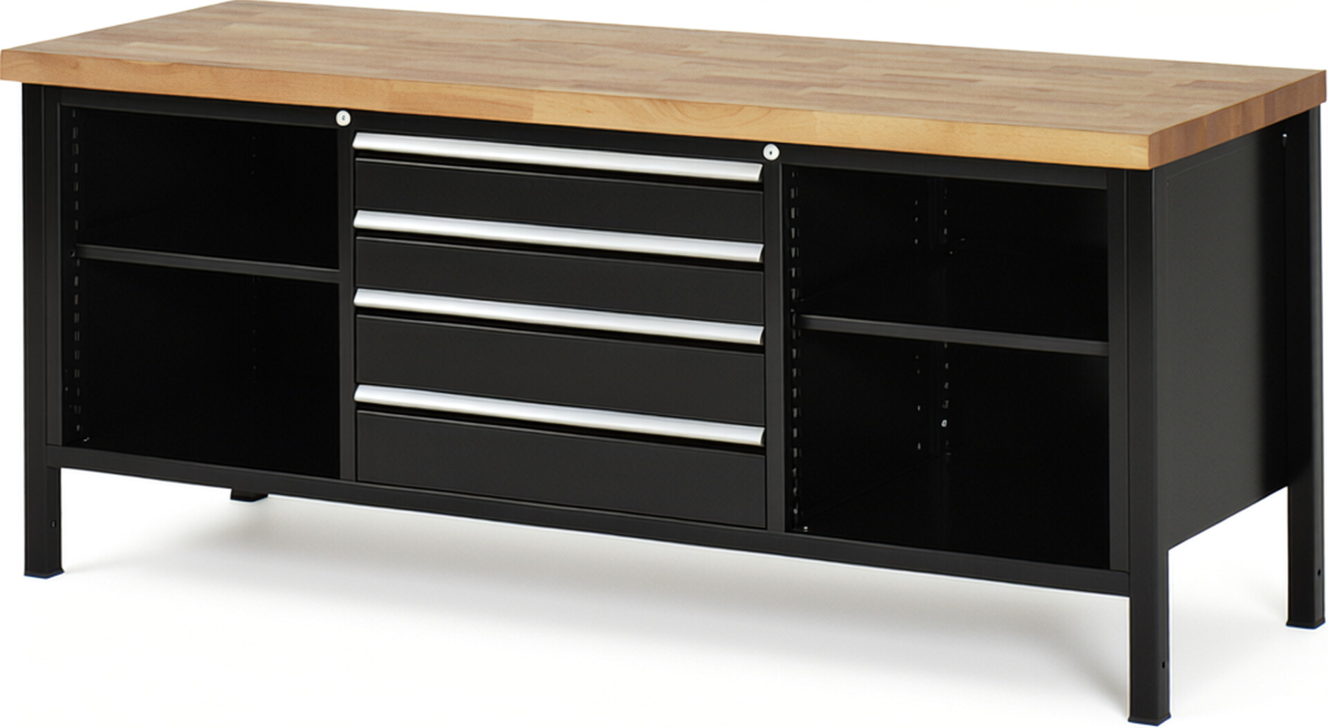 Werkbank Modell 8751 schwarz, BxTxH 2000x700x840-1040 mm,  Buche-Massiv Arbeitsplatte 40 mm,  4 Schubladen mit  Auszug 90 %
