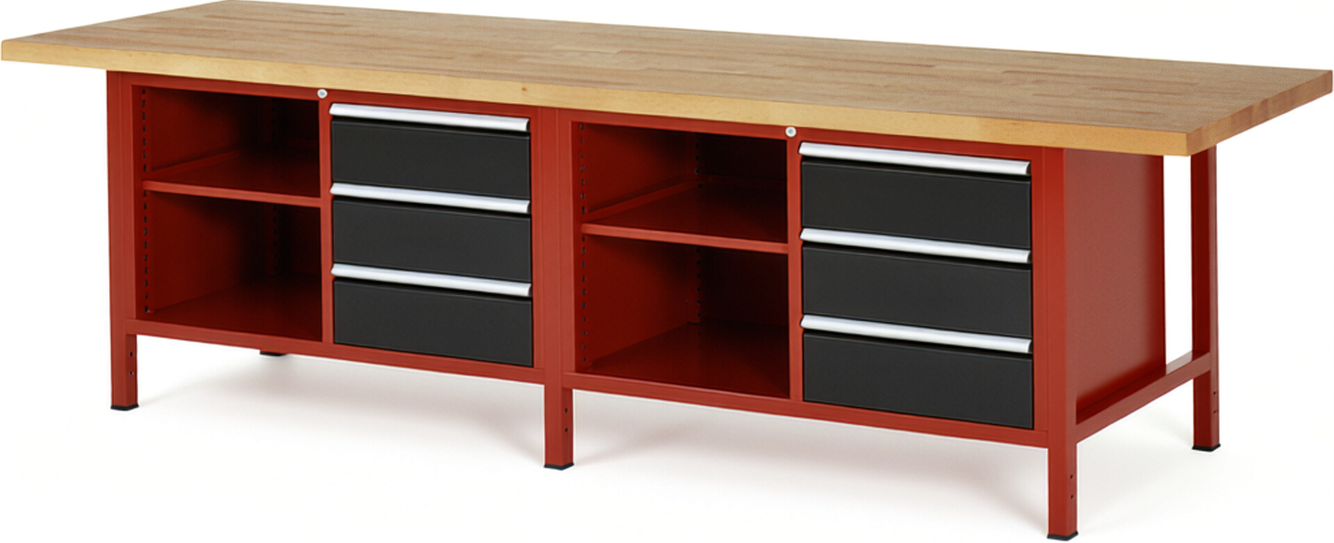 Werkbank Modell 8462 rot - schwarz, BxTxH 3000x900x840-1040 mm,  Buche-Massiv Arbeitsplatte 40 mm,  6 Schubladen mit  Vollauszug 100 % und  SoftClosing