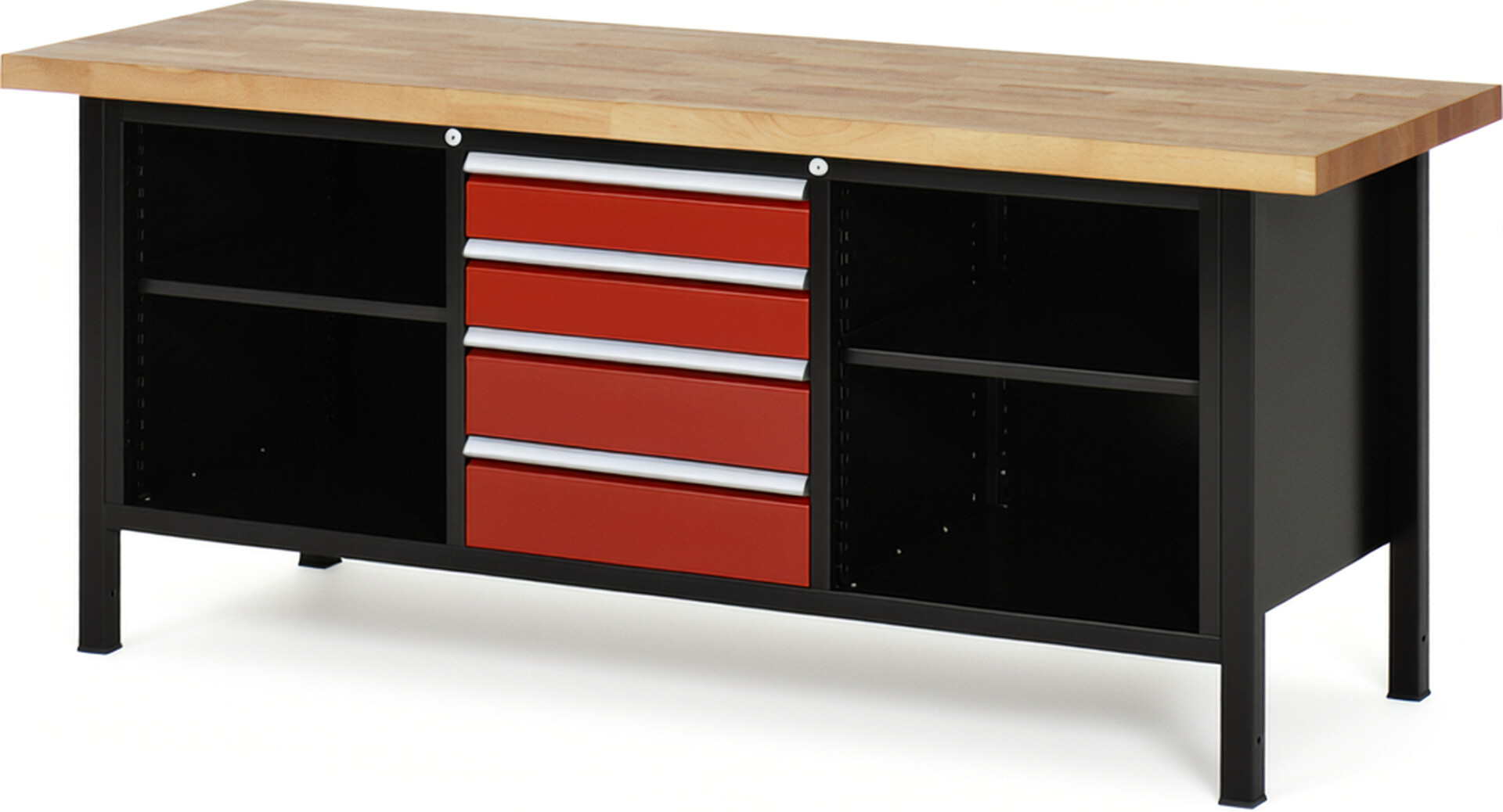 RAU Werkbank schwarz - rot - Breite 200 cm - Tiefe 70 cm - Höhe 104 cm - Buche-Massiv Arbeitsplatte 40 mm
