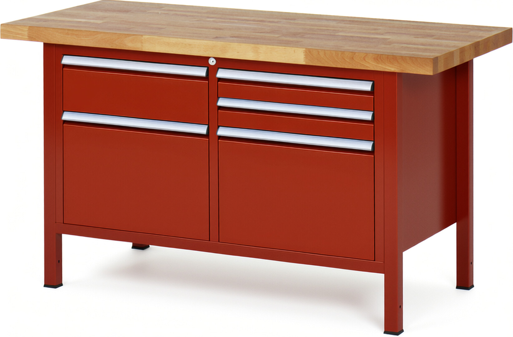 Werkbank Modell 8472 rot, BxTxH 1500x700x840-1040 mm,  Buche-Massiv Arbeitsplatte 40 mm,  5 Schubladen mit  Auszug 90 %