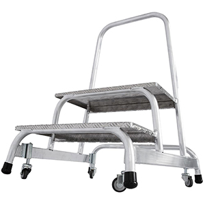 Trittleiter, Sicherheitstritt, fahrbar, 360 Grad drehbar, 2 Stufen 240 mm, Arbeitshöhe 2450 mm, 7 kg, Grundfläche 715x780 mm, Plattform 305x520 mm