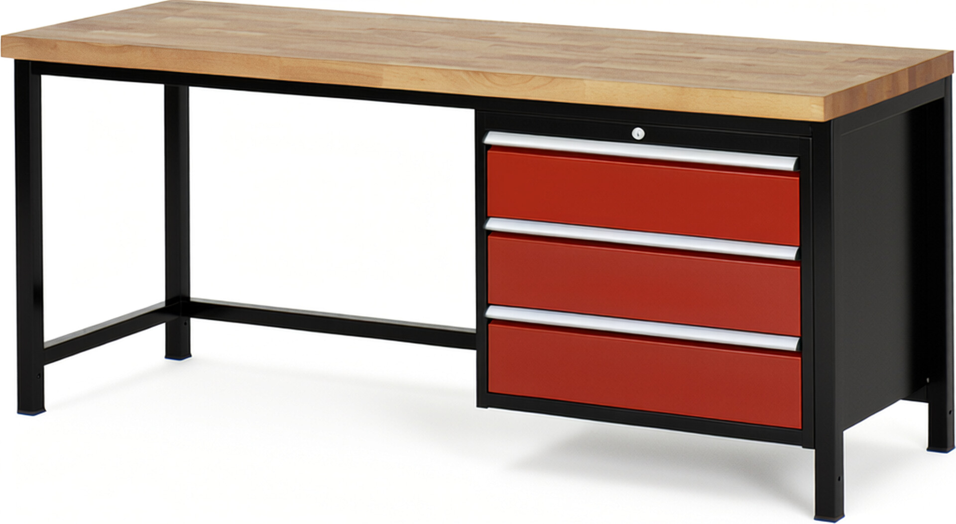 RAU Werkbank schwarz - rot - Breite 200 cm - Tiefe 70 cm - Höhe 104 cm - Buche-Massiv Arbeitsplatte 40 mm