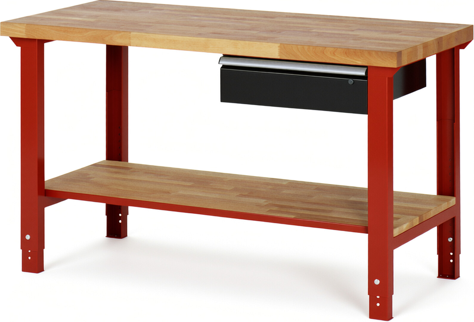 Werkbank Modell 7001 rot - schwarz, BxTxH 1500x700x790-1140 mm,  Buche-Massiv Arbeitsplatte 40 mm,  1 Schublade mit  Auszug 90 %