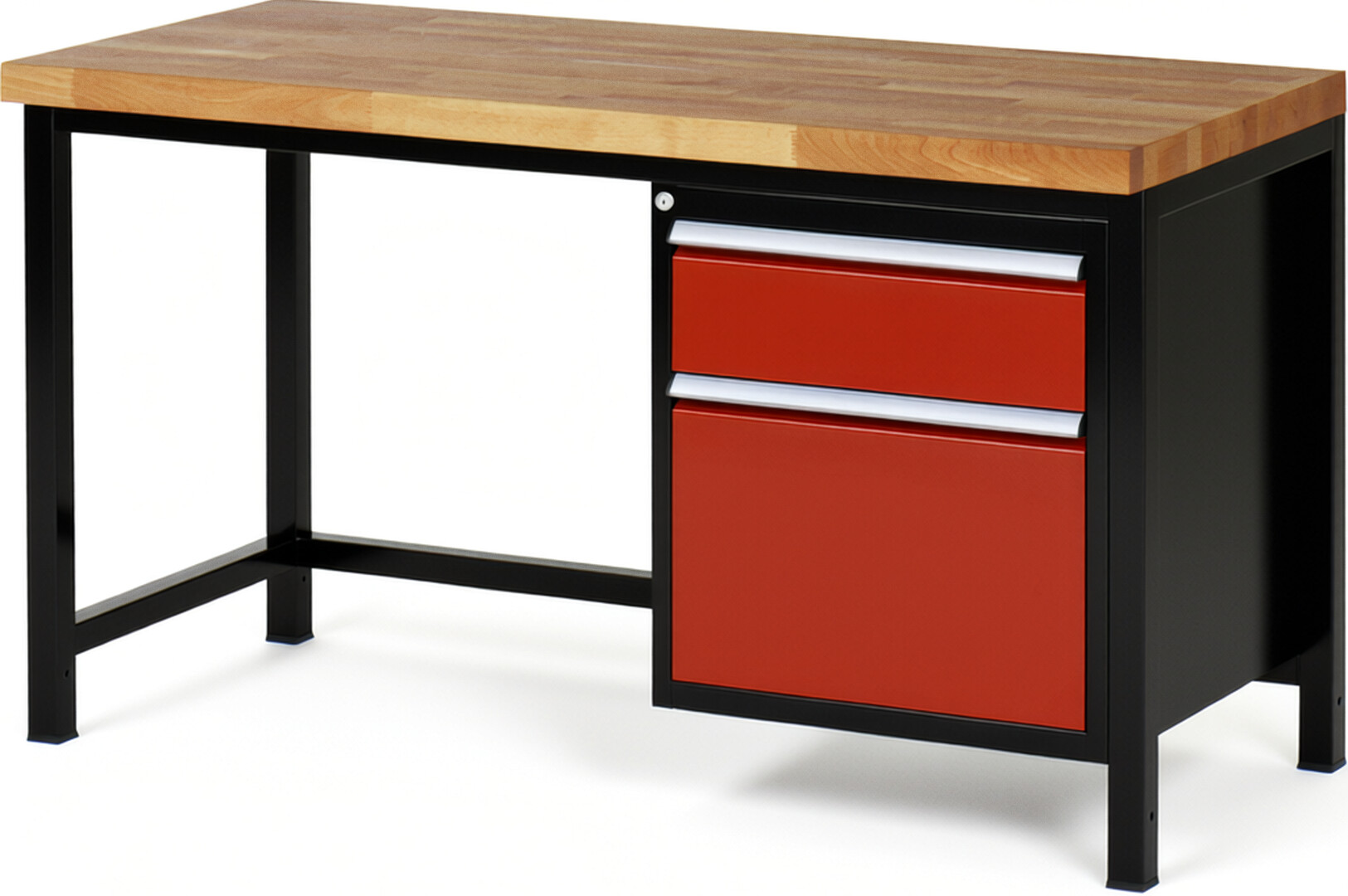 RAU Werkbank schwarz - rot - Breite 150 cm - Tiefe 70 cm - Höhe 104 cm - Buche-Massiv Arbeitsplatte 40 mm