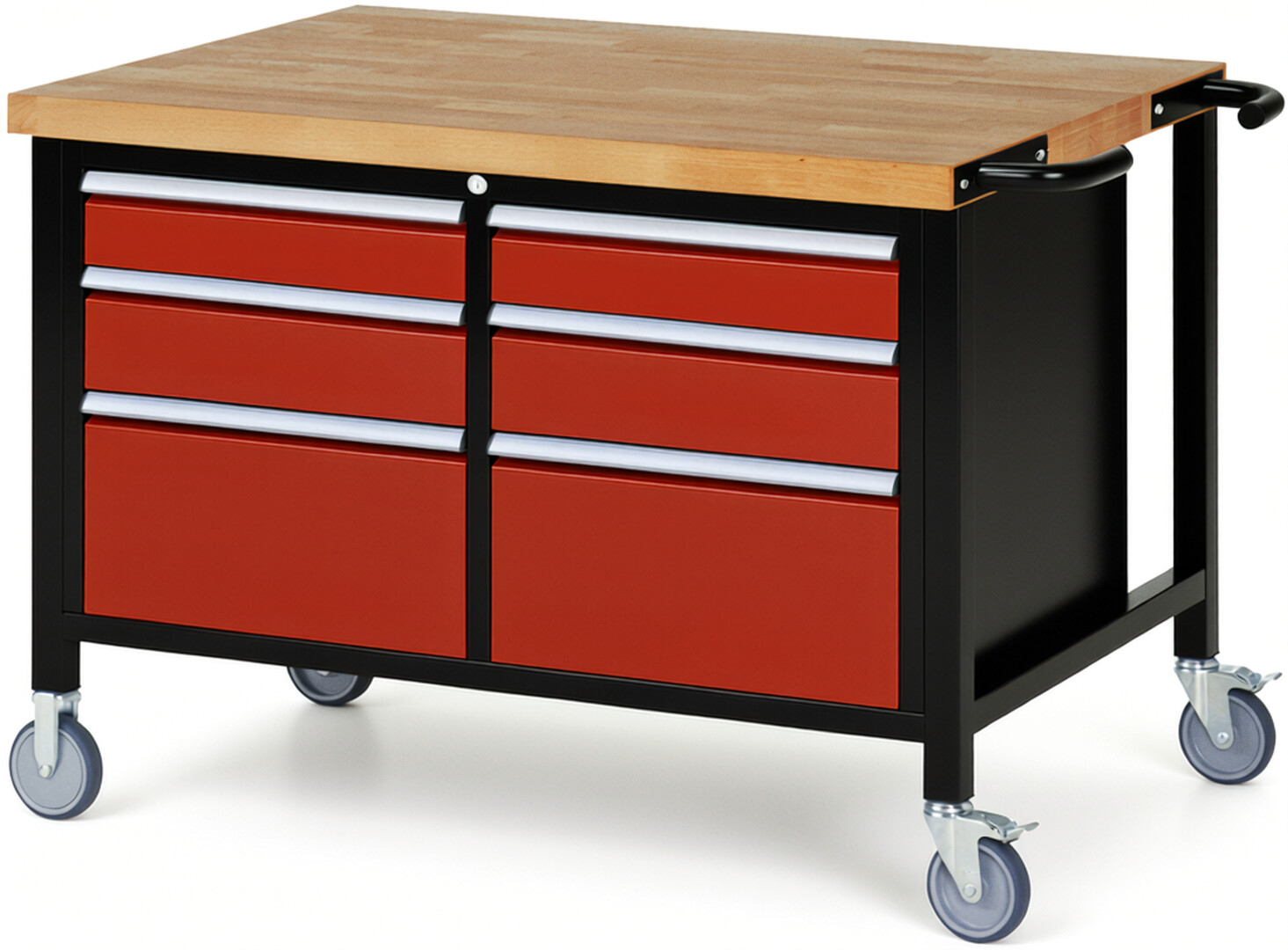 Fahrbare Werkbank Modell 8475 schwarz-rot, BxTxH 1250x900x880 mm,  Buche-Massiv Arbeitsplatte 40 mm,  6 Schubladen mit  Auszug 90 %