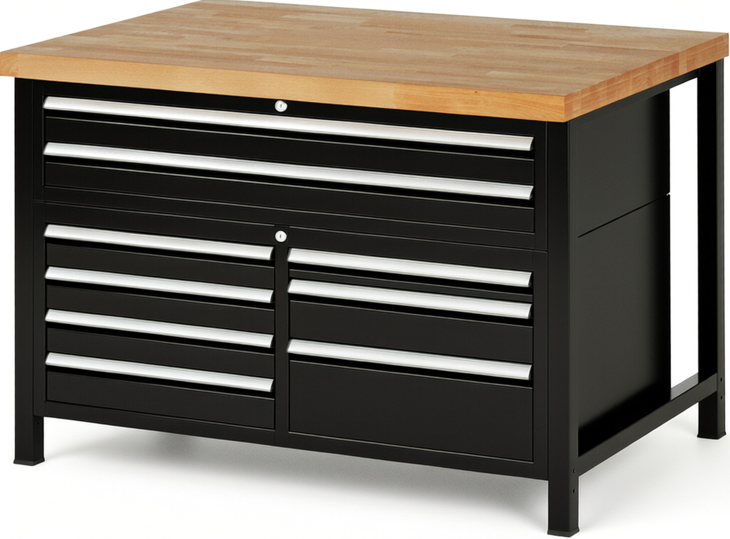 Werkbank Modell 8923 schwarz, BxTxH 1250x900x840-1040 mm,  Buche-Massiv Arbeitsplatte 40 mm,  9 Schubladen mit  Vollauszug 100 % und  SoftClosing