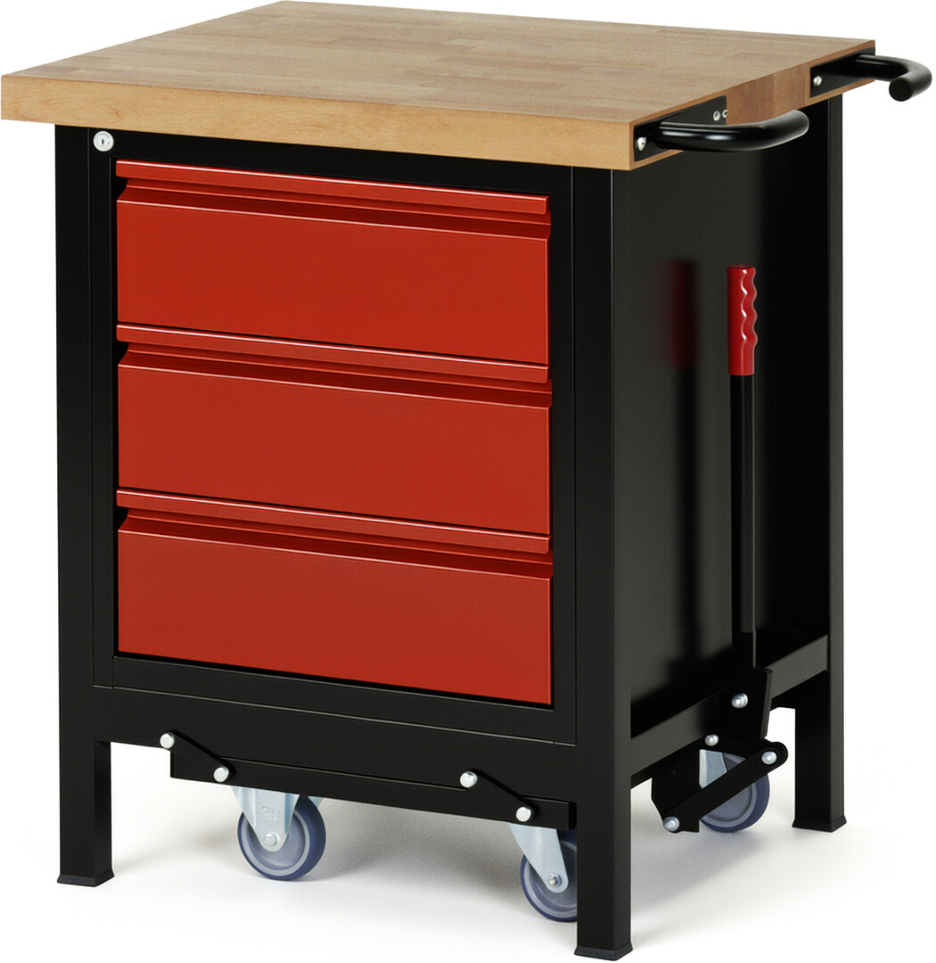 RAU Werkbank schwarz - rot - Breite 75 cm - Tiefe 70 cm - Höhe 88 cm - Buche-Massiv Arbeitsplatte 40 mm