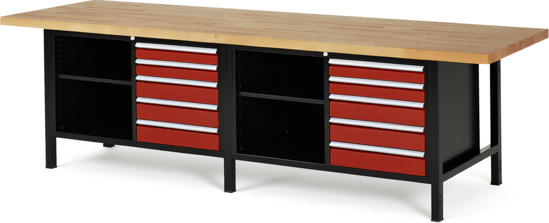 RAU Werkbank schwarz - rot - Breite 300 cm - Tiefe 90 cm - Höhe 104 cm - Buche-Massiv Arbeitsplatte 40 mm