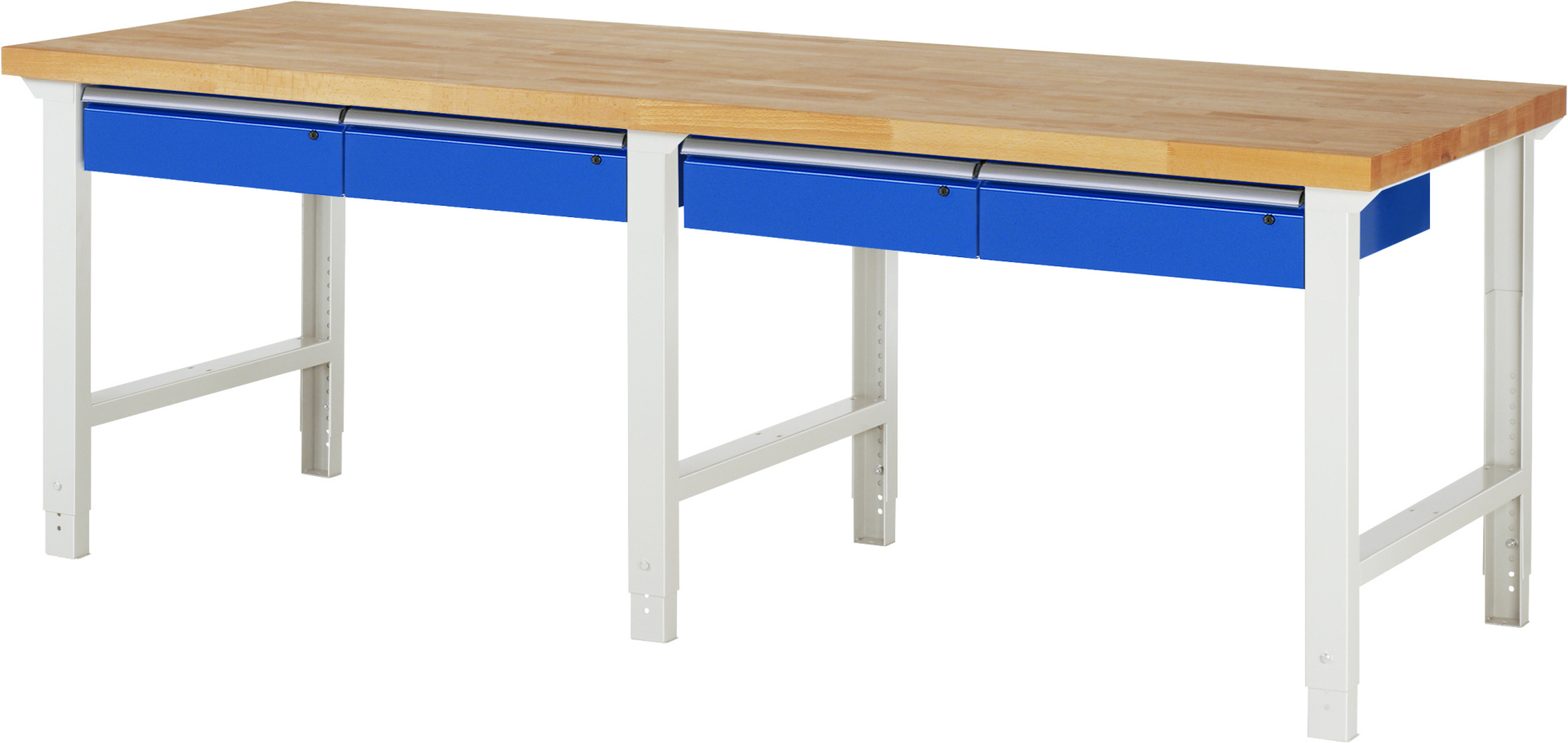 Werkbank Modell 7002 schwarz, BxTxH 2500x900x790-1140 mm,  Buche-Massiv Arbeitsplatte 40 mm,  4 Schubladen mit  Auszug 90 %