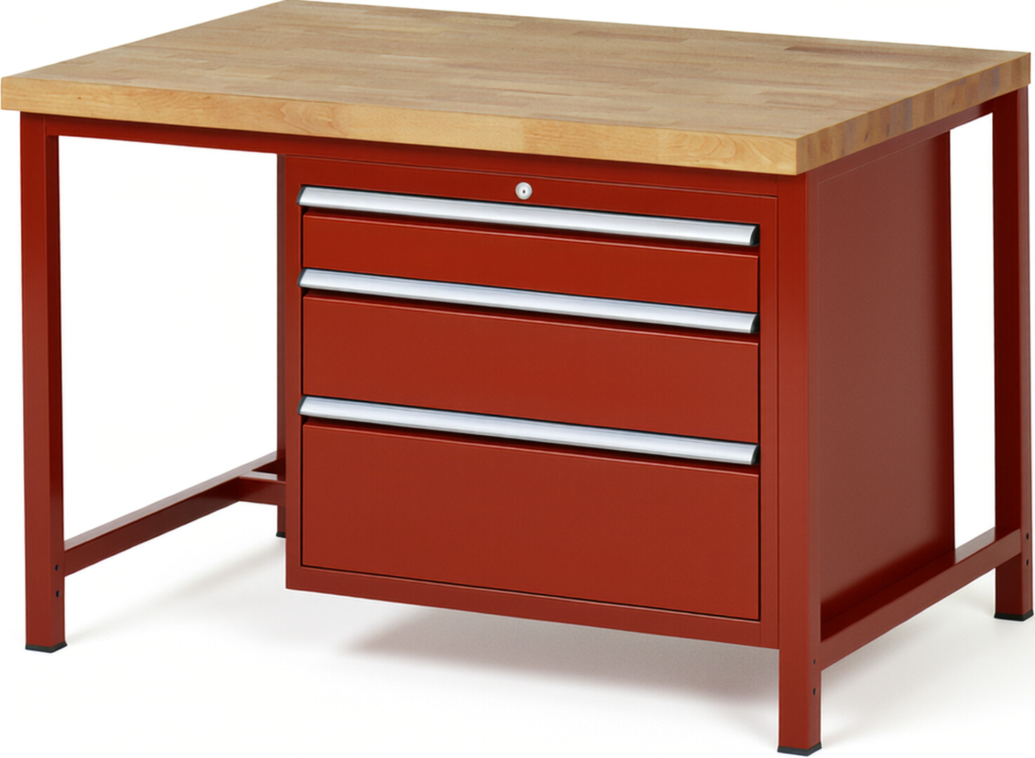 Werkbank Modell 8259 rot, BxTxH 1250x900x840 mm,  Buche-Massiv Arbeitsplatte 40 mm,  3 Schubladen mit  Auszug 90 %