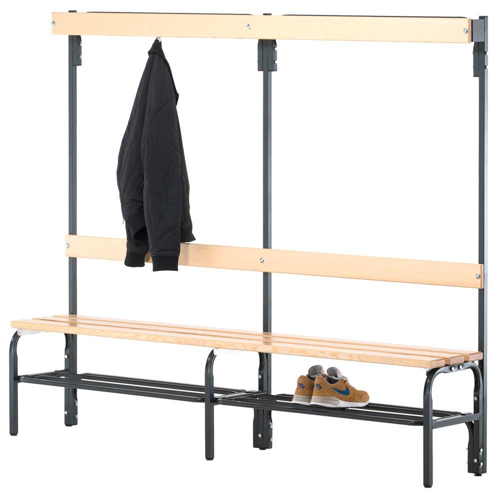 Einseitige Garderobenbank, Hakenleiste, mit Schuhrost, TxH 375x1650 mm, Länge 1500 mm, RAL 7016