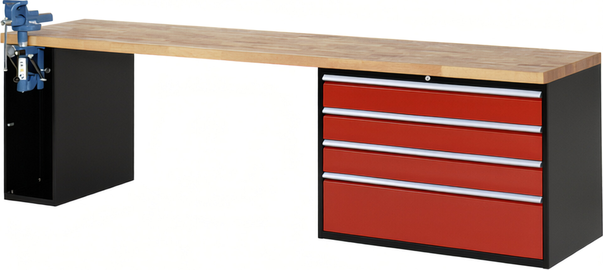 RAU Werkbank schwarz - rot - Breite 300 cm - Tiefe 70 cm - Höhe 84 cm - Buche-Massiv Arbeitsplatte 40 mm