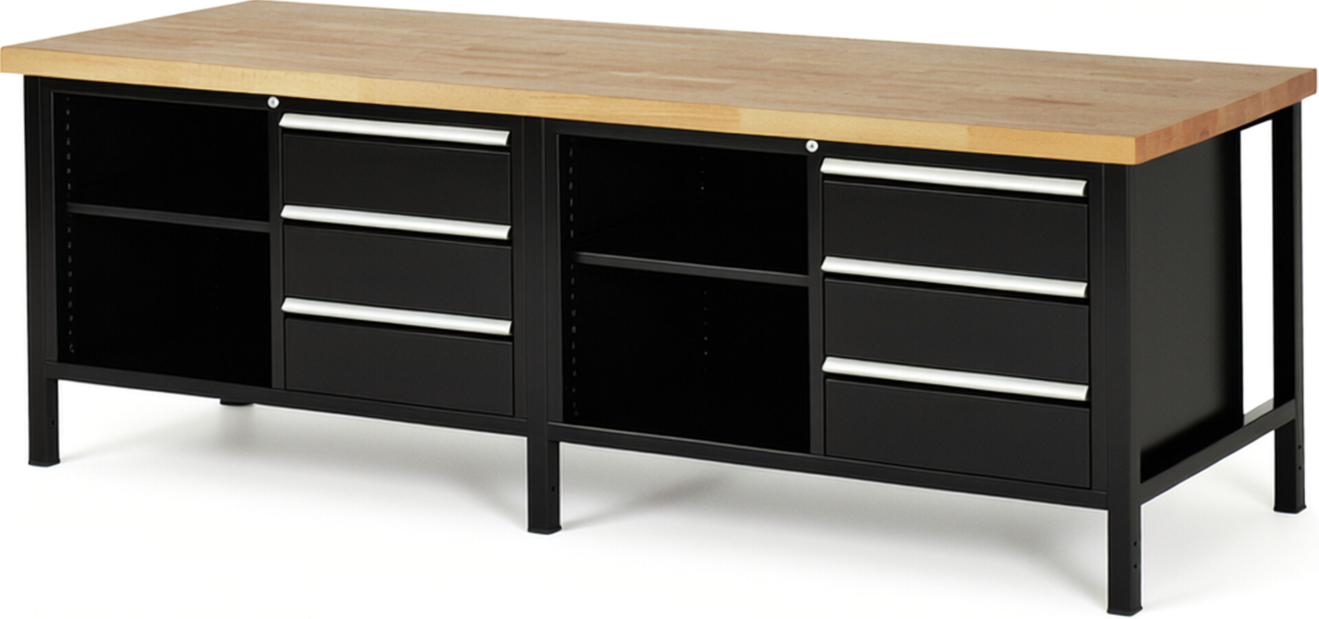 Werkbank Modell 8462 schwarz, BxTxH 2500x900x840 mm,  Buche-Massiv Arbeitsplatte 40 mm,  6 Schubladen mit  Vollauszug 100 % und  SoftClosing