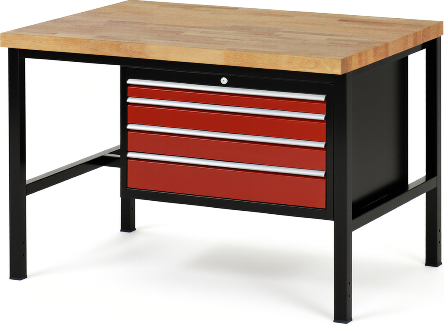 RAU Werkbank schwarz - rot - Breite 125 cm - Tiefe 90 cm - Höhe 104 cm - Buche-Massiv Arbeitsplatte 40 mm