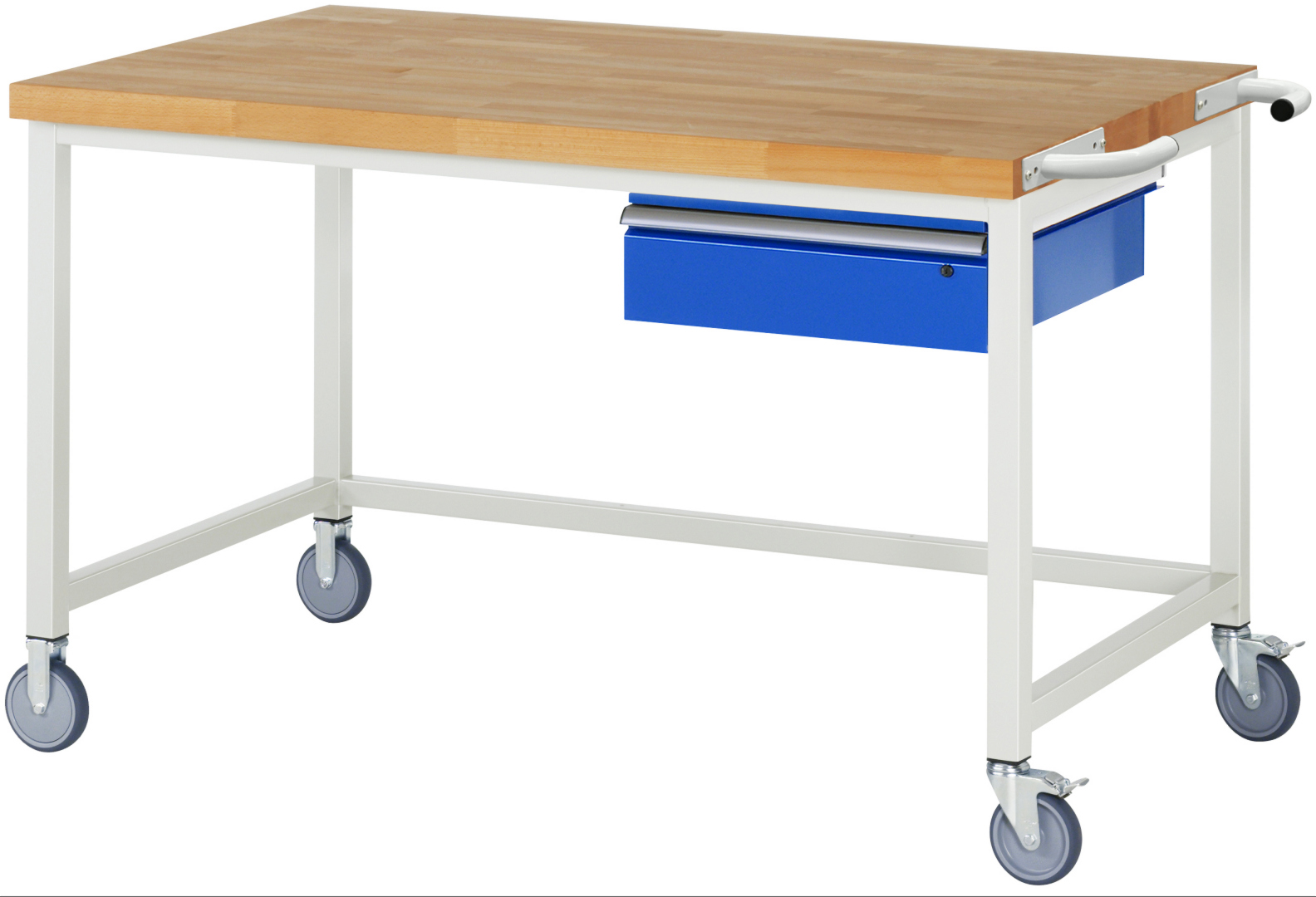 Fahrbare Werkbank Modell 8001,  BxTxH 1500x900x880-1080 mm,  Buche-Massiv Arbeitsplatte 40 mm,  1 Schublade mit  Auszug 90 %