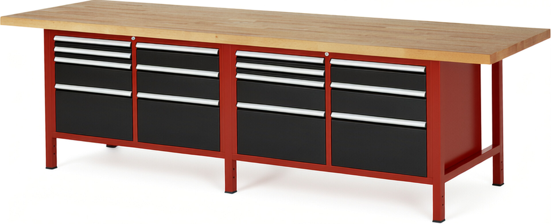 Werkbank Modell 8476 rot - schwarz, BxTxH 3000x900x840 mm,  Buche-Massiv Arbeitsplatte 40 mm,  14 Schubladen mit  Auszug 90 %