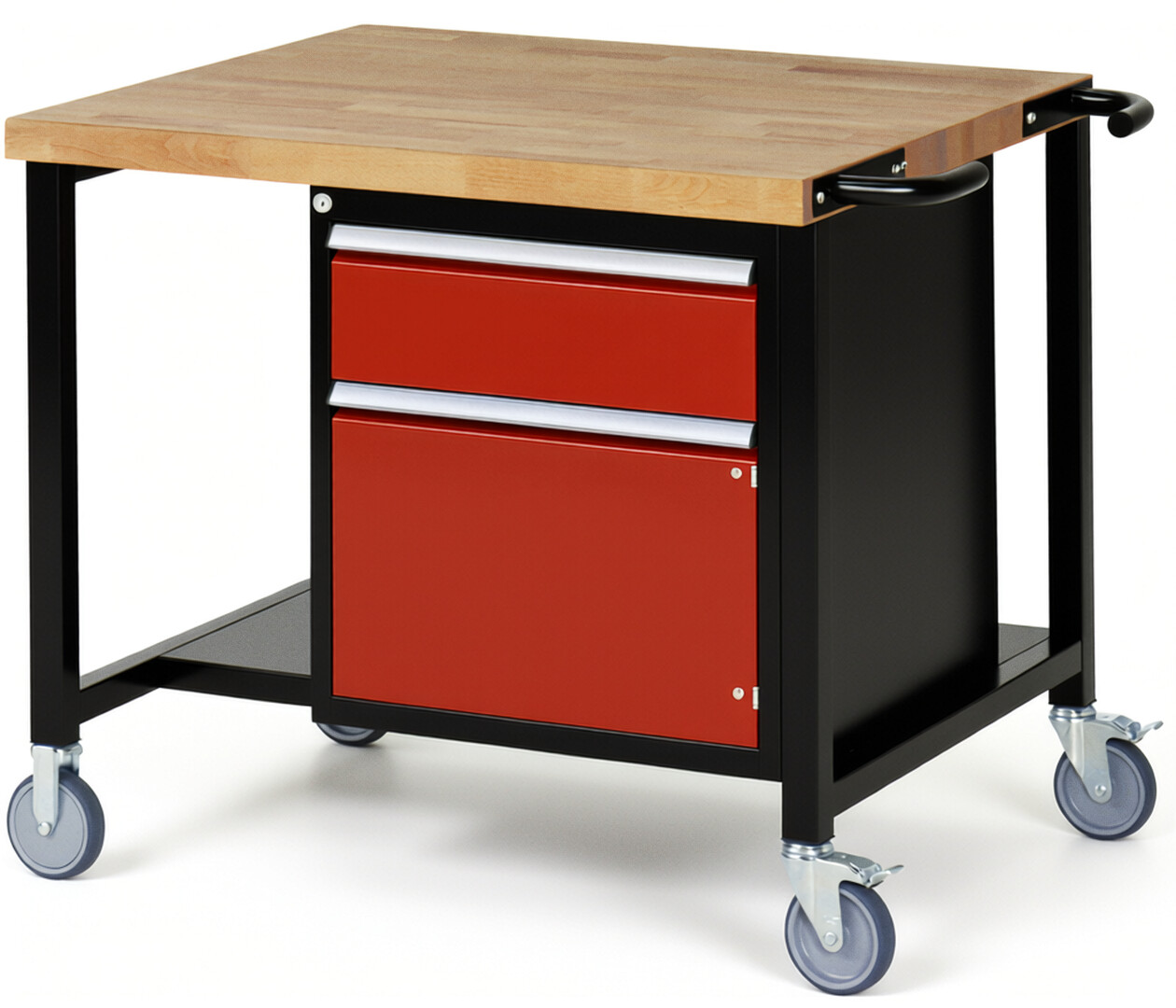 RAU Werkbank schwarz - rot - Breite 100 cm - Tiefe 90 cm - Höhe 108 cm - Buche-Massiv Arbeitsplatte 40 mm