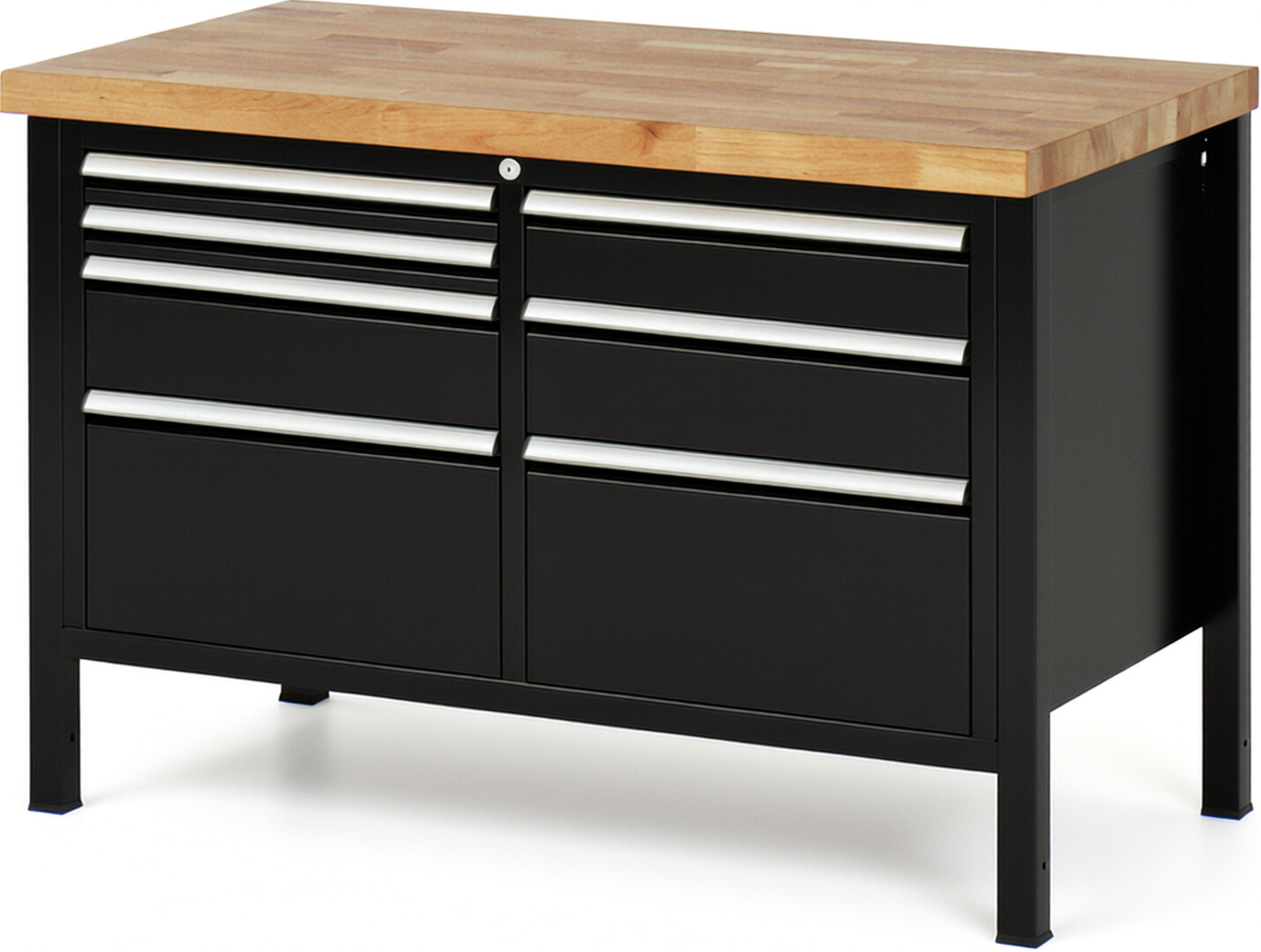 Werkbank Modell 8476 schwarz, BxTxH 1250x700x840-1040 mm,  Buche-Massiv Arbeitsplatte 40 mm,  7 Schubladen mit  Vollauszug 100 % und  SoftClosing