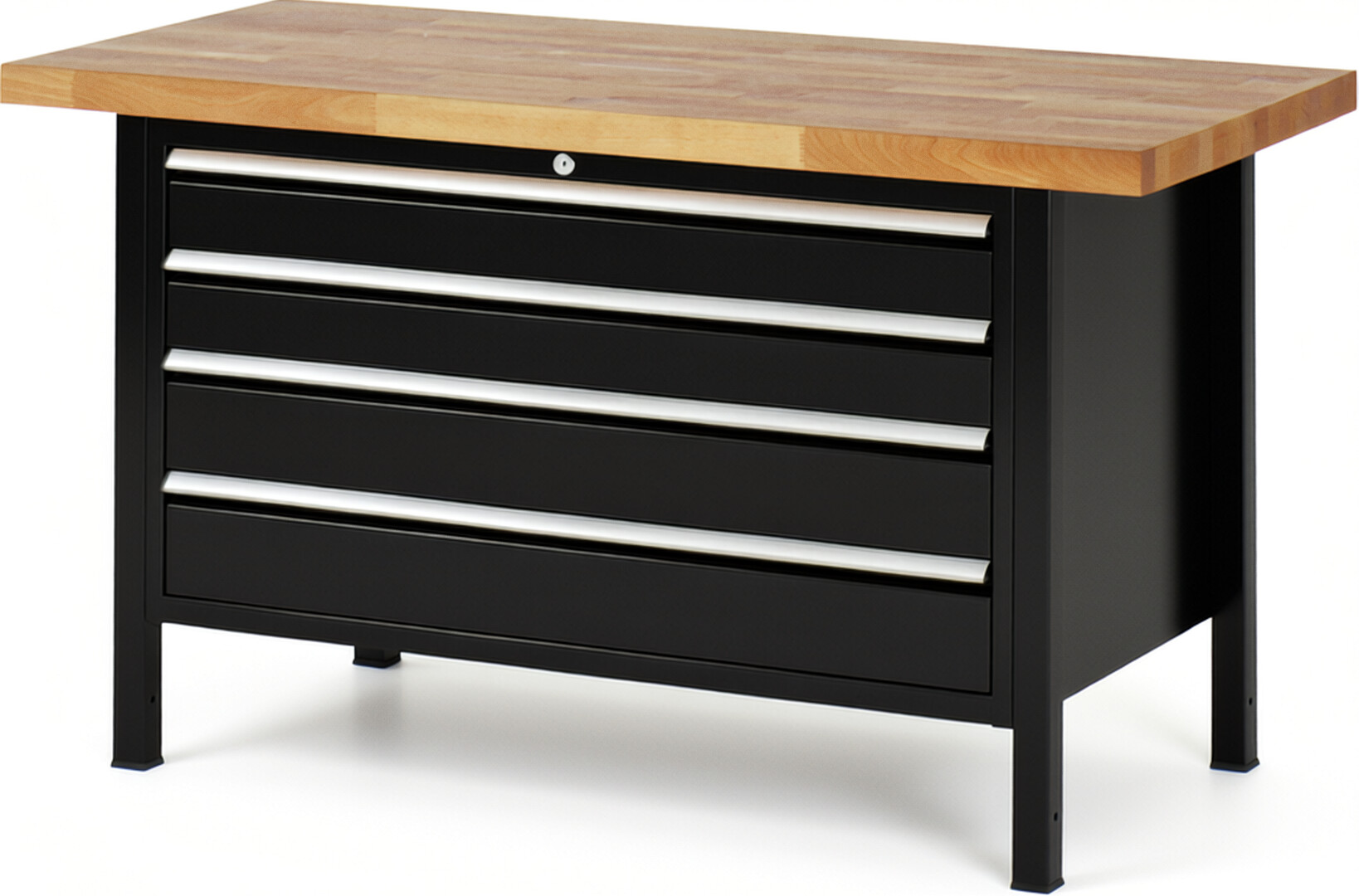 Werkbank Modell 8362 schwarz, BxTxH 1500x700x840-1040 mm,  Buche-Massiv Arbeitsplatte 40 mm,  4 Schubladen mit  Vollauszug 100 % und  SoftClosing