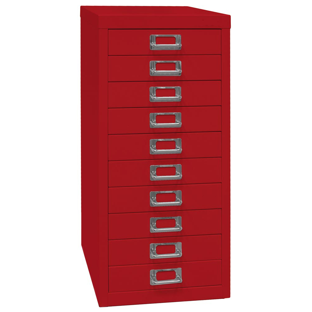 Schubladenschrank aus Stahl, BxTxH 279x380x590 mm, 10 Schubladen 51 mm, DIN A4, kardinalrot