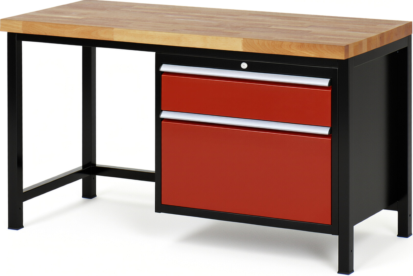 Werkbank Modell 8256 schwarz-rot, BxTxH 1500x700x840-1040 mm,  Buche-Massiv Arbeitsplatte 40 mm,  2 Schubladen mit  Auszug 90 %