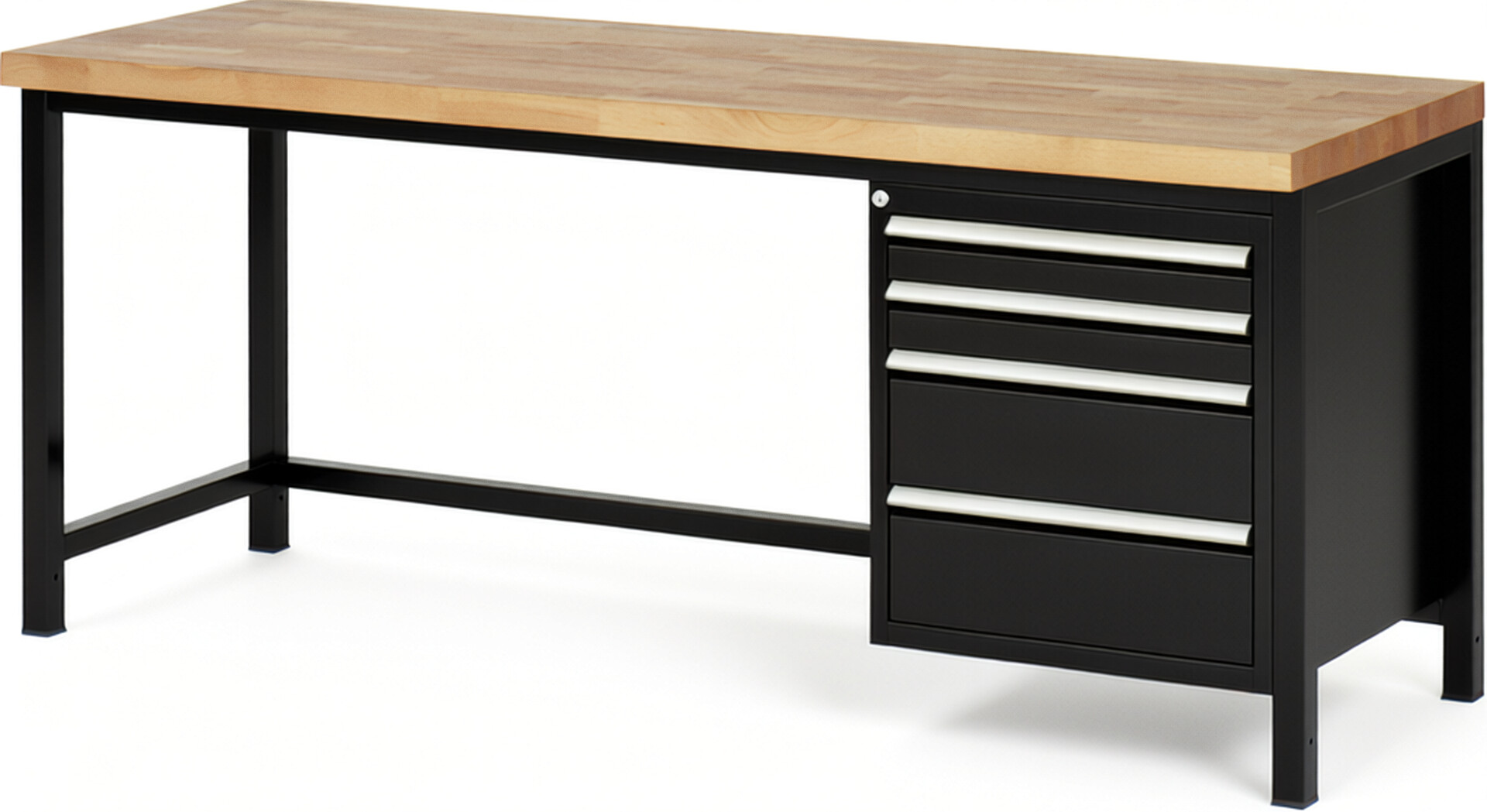 Werkbank Modell 8161 schwarz, BxTxH 2000x700x840 mm,  Buche-Massiv Arbeitsplatte 40 mm,  4 Schubladen mit  Auszug 90 %