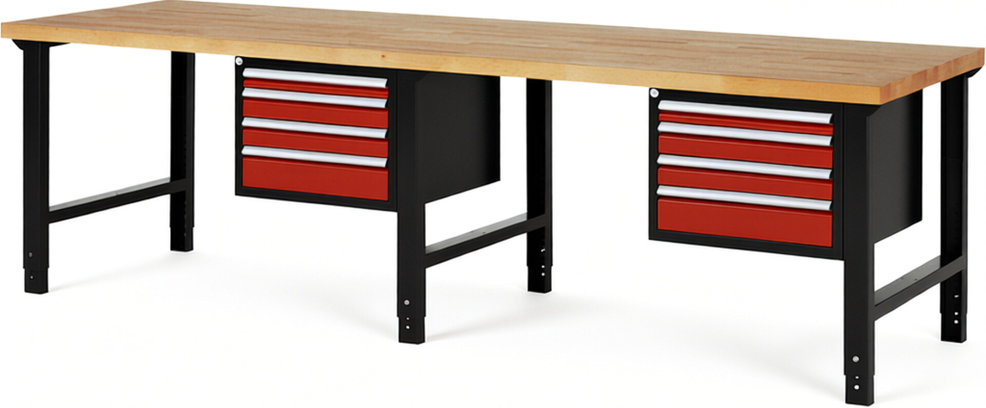 Werkbank Modell 7132 schwarz-rot, BxTxH 3000x900x790-1140 mm,  Buche-Massiv Arbeitsplatte 40 mm,  8 Schubladen mit  Vollauszug 100 % und  SoftClosing