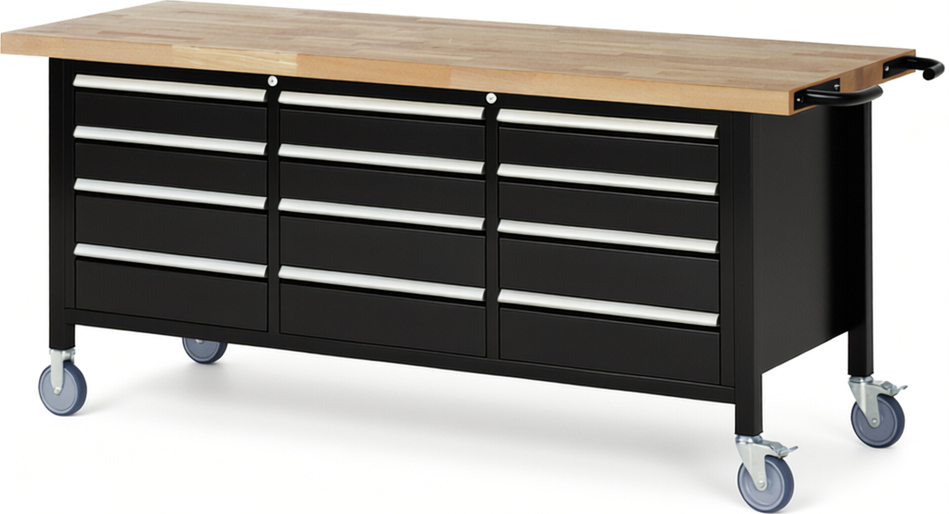 Fahrbare Werkbank Modell 8579 schwarz, BxTxH 2000x700x880-1080 mm,  Buche-Massiv Arbeitsplatte 40 mm,  12 Schubladen mit  Auszug 90 %