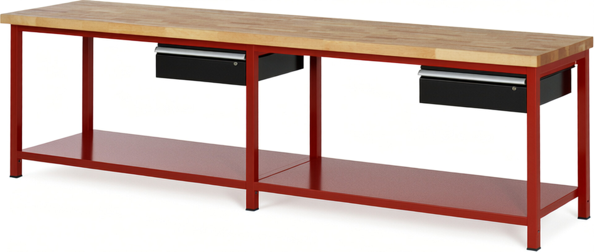 Werkbank Modell 8001 rot - schwarz, BxTxH 3000x700x840 mm,  Buche-Massiv Arbeitsplatte 40 mm,  2 Schubladen mit  Auszug 90 %