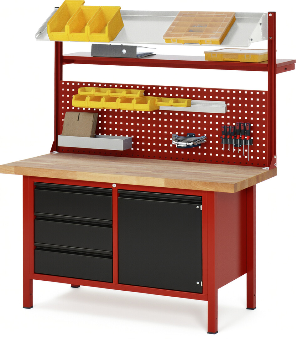 Werkbank - Modell 8468 BASIC rot - schwarz, BxTxH 1500x700x840 mm,  Buche-Massiv Arbeitsplatte 40 mm,  3 Schubladen mit  Auszug 90 %