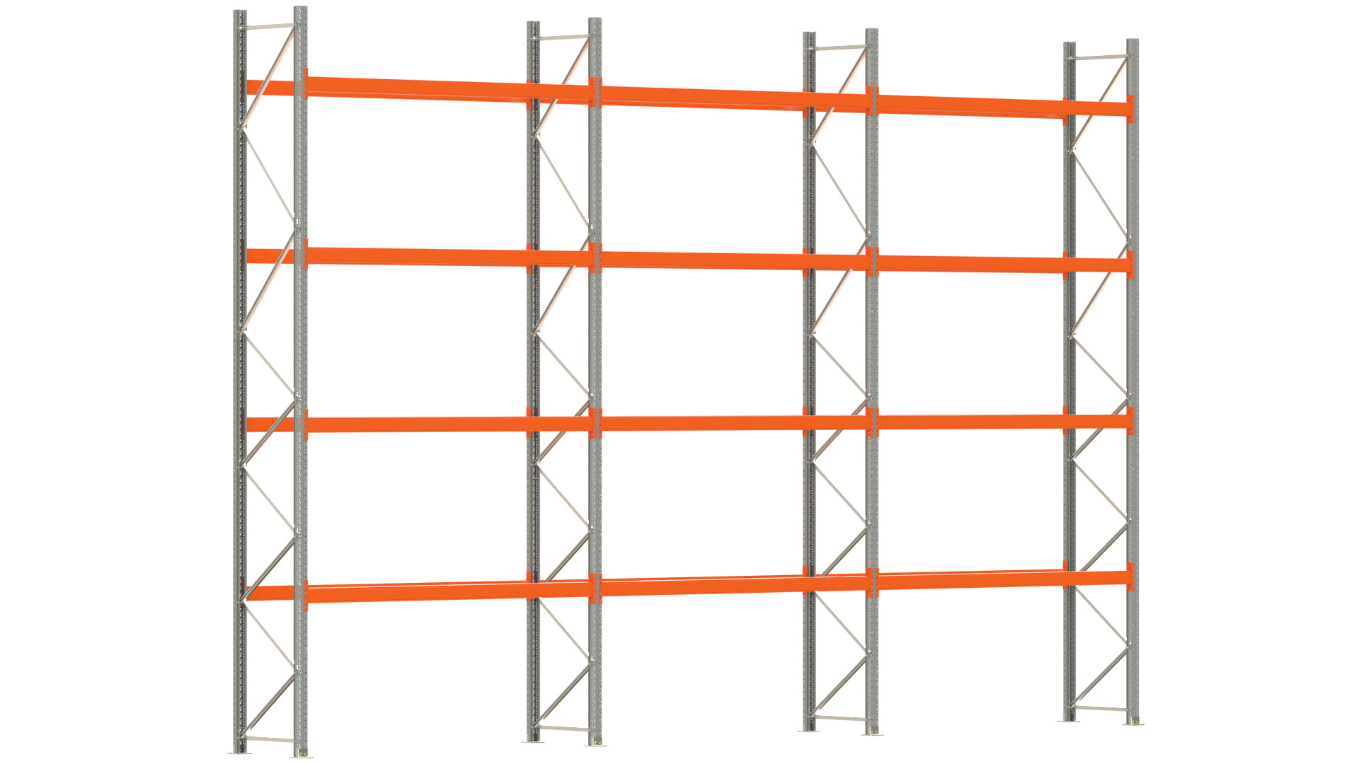 Palettenregal ARTUS - Breite 844 cm - Höhe 550 cm - Tiefe 80 cm - 4 Träger-Ebenen - max. Fachlast 2100 kg - 30 Palettenstellplätze