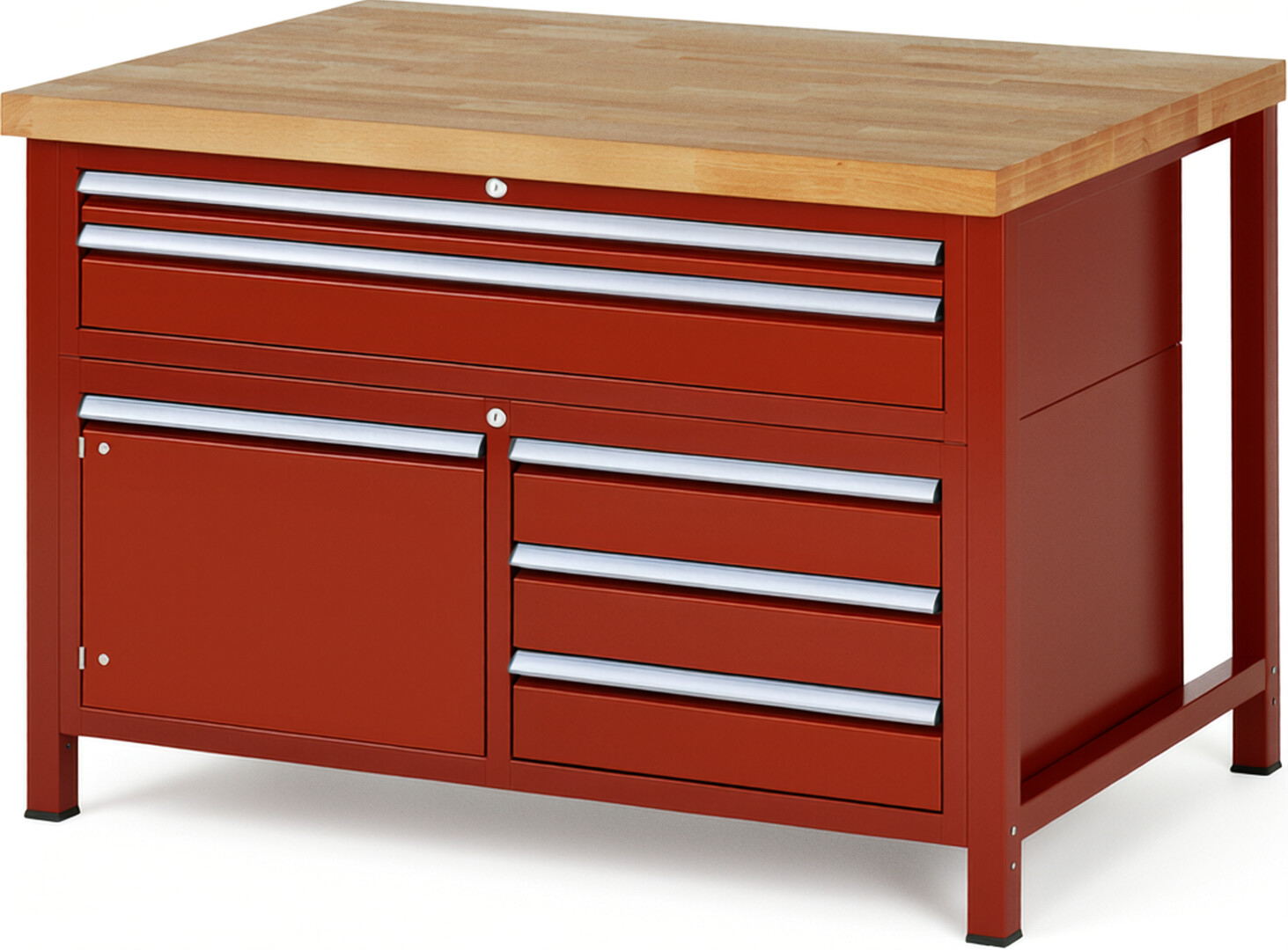 Werkbank Modell 8922 rot, BxTxH 1250x900x840-1040 mm,  Buche-Massiv Arbeitsplatte 40 mm,  5 Schubladen mit  Auszug 90 %