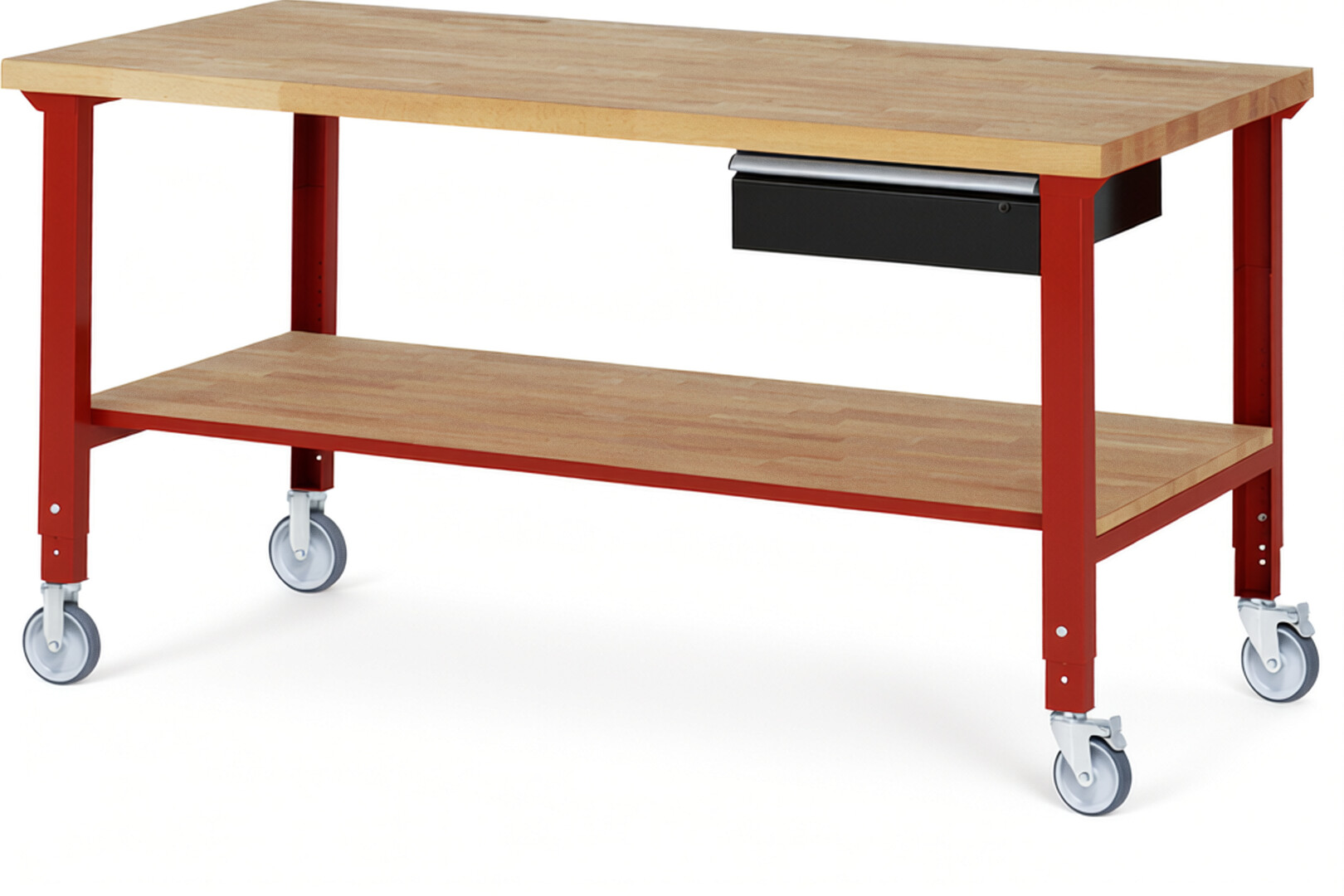 Fahrbare Werkbank Modell 7001 rot - schwarz, BxTxH 2000x900x950-1000 mm,  Buche-Massiv Arbeitsplatte 40 mm,  1 Schublade mit  Auszug 90 %