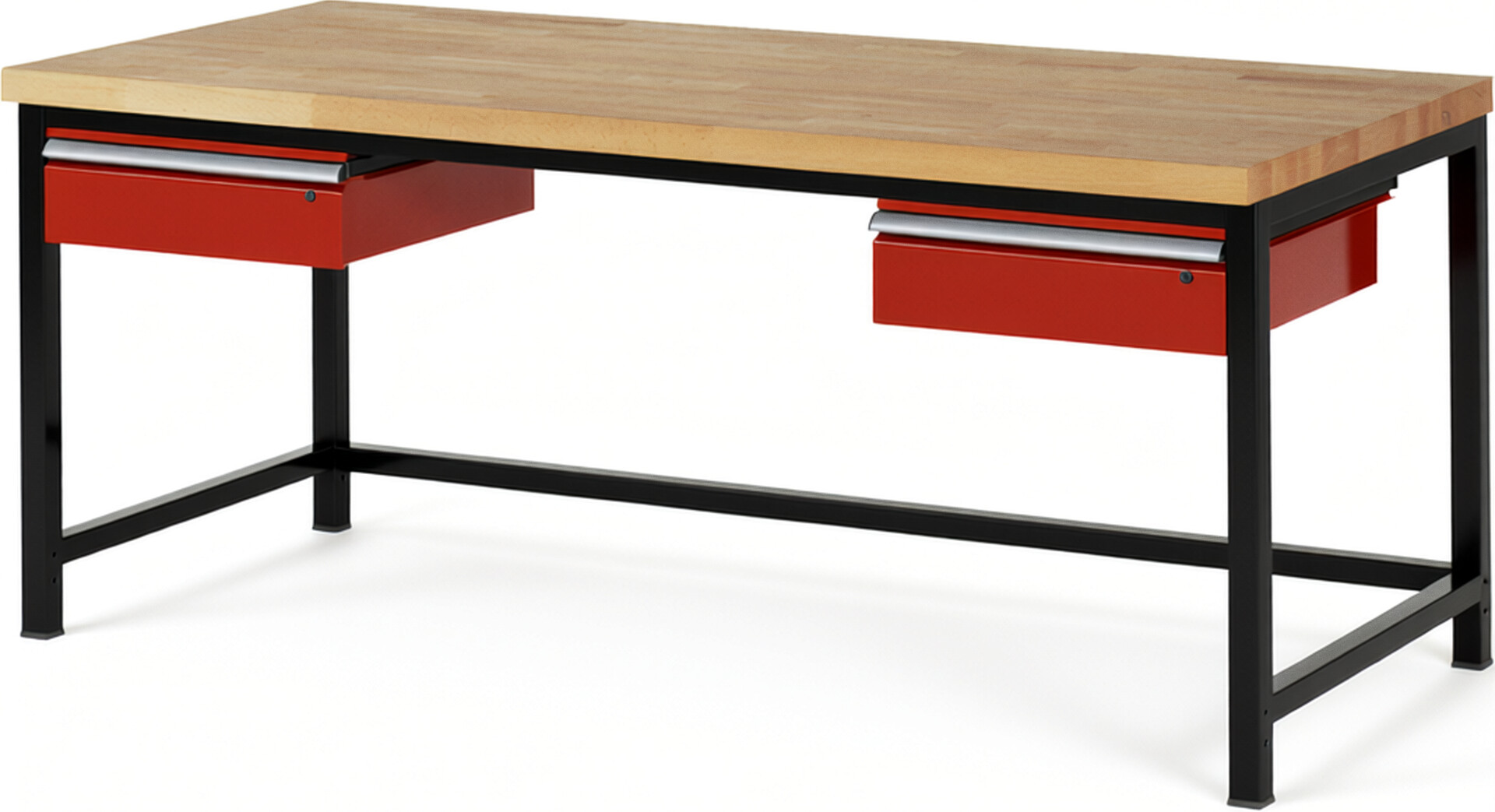 RAU Werkbank schwarz - rot - Breite 200 cm - Tiefe 90 cm - Höhe 104 cm - Buche-Massiv Arbeitsplatte 40 mm