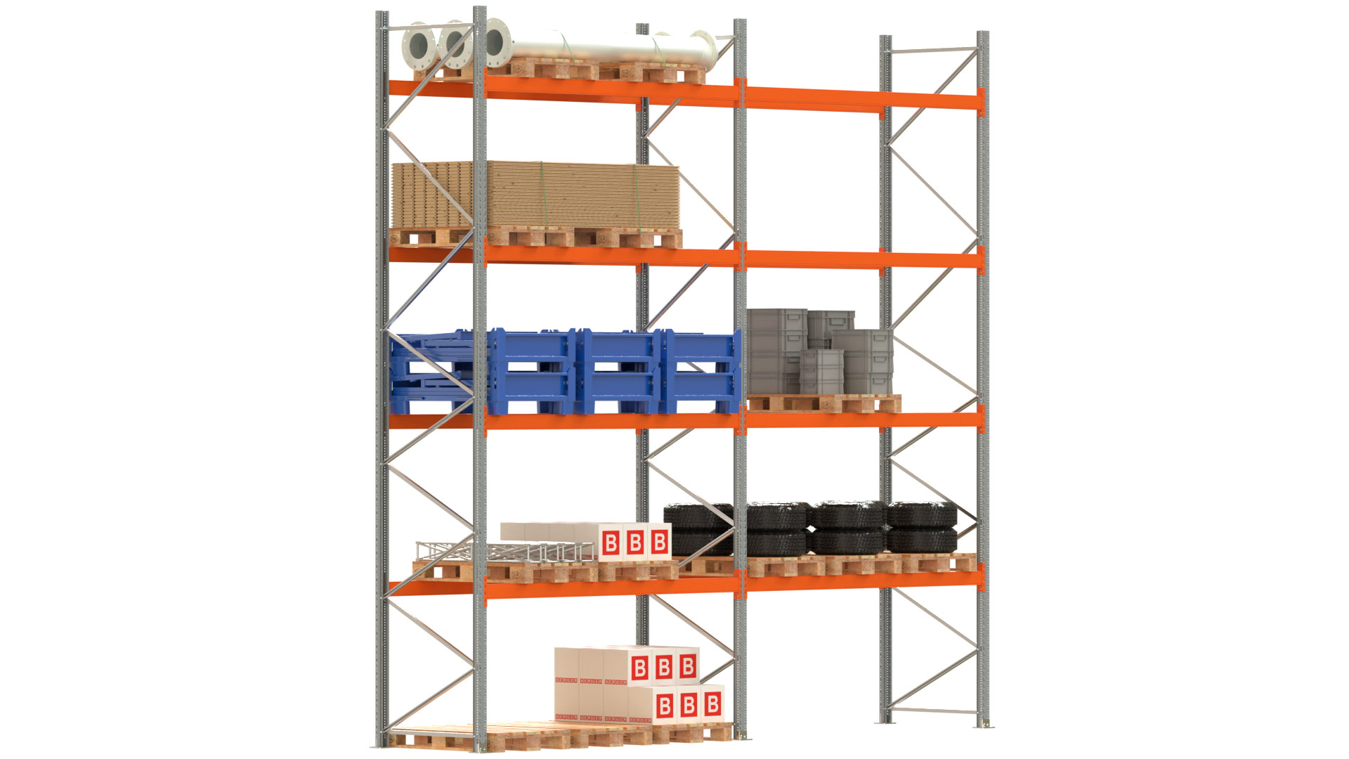 Palettenregal ARTUS - Breite 565,5 cm - Höhe 550 cm - Tiefe 110 cm - 4 Träger-Ebenen - Fachlast 2250 kg - 30 Palettenstellplätze