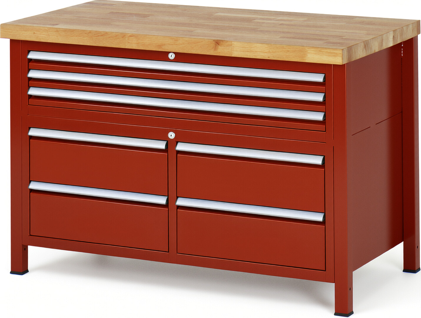 Werkbank Modell 8924 rot, BxTxH 1250x700x840 mm,  Buche-Massiv Arbeitsplatte 40 mm,  7 Schubladen mit  Vollauszug 100 % und  SoftClosing