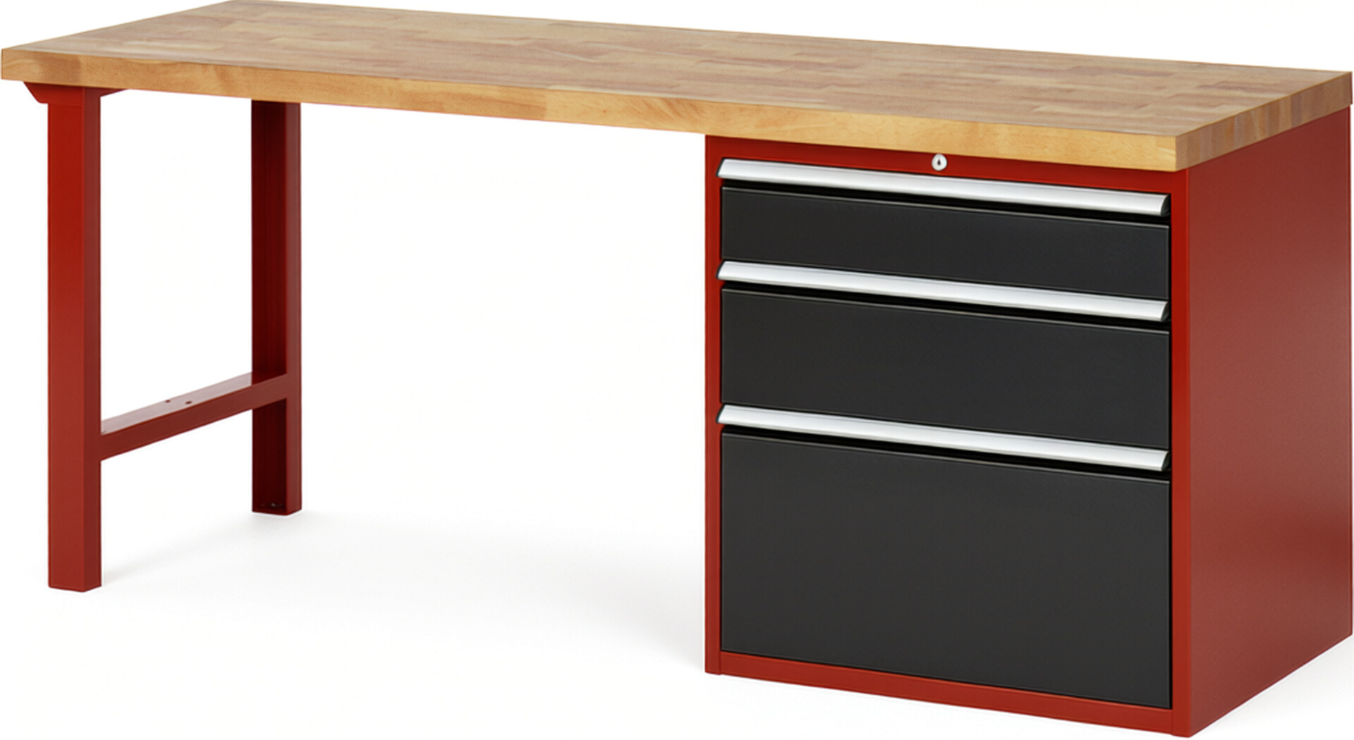 Werkbank Modell 7608 rot - schwarz, BxTxH 2000x700x840 mm,  Buche-Massiv Arbeitsplatte 40 mm,  3 Schubladen mit  Vollauszug 100 % und  SoftClosing