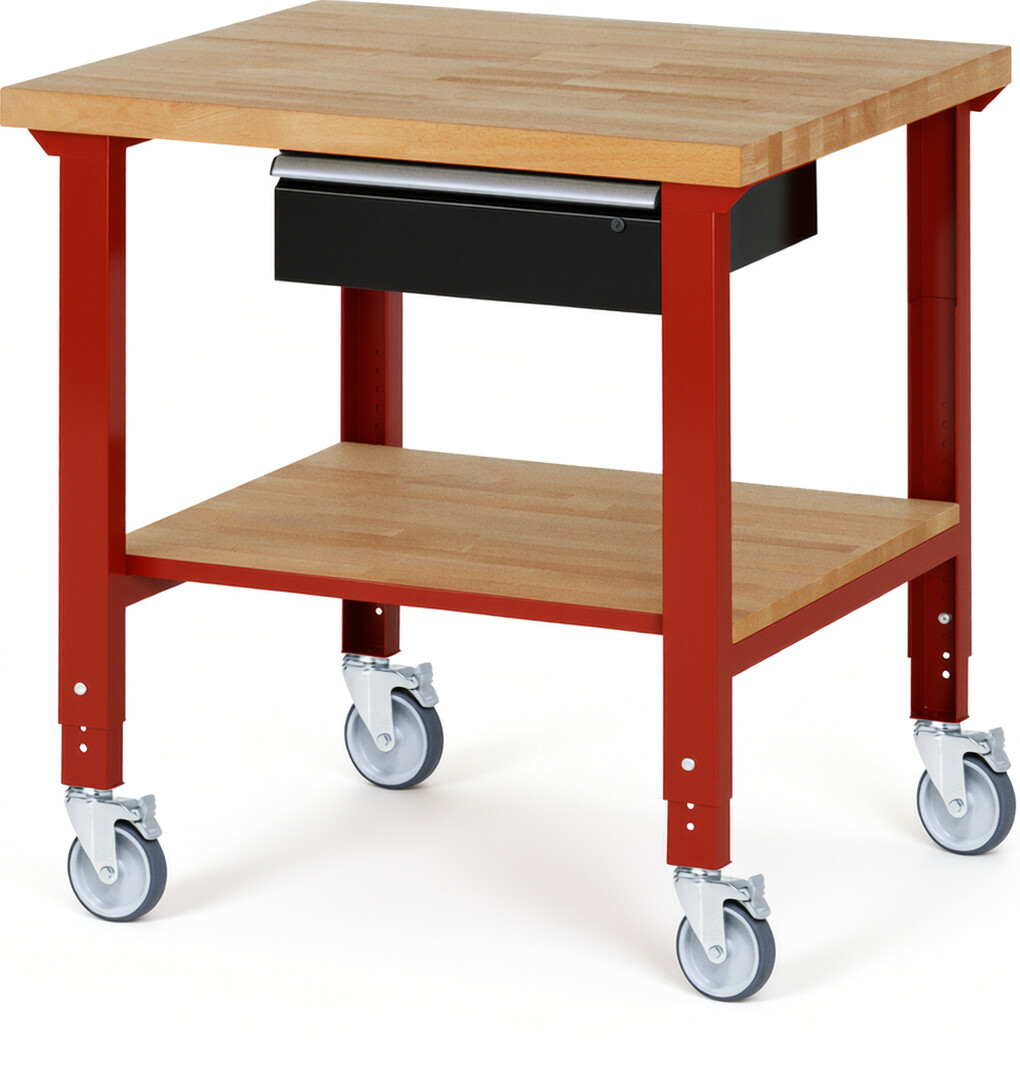 Fahrbare Werkbank Modell 7001 rot - schwarz, BxTxH 1000x900x950-1000 mm,  Buche-Massiv Arbeitsplatte 40 mm,  1 Schublade mit  Auszug 90 %