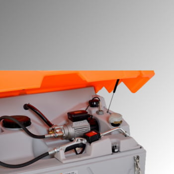 Mobile Outdoor Schmierstoff Tankanlage mit Deckel - Tankstation mit Schlauchaufroller und Zapfpistole - Volumen 1.000 l